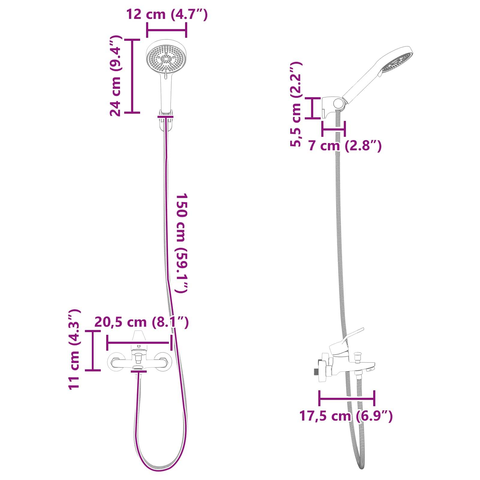 Darstellung eines Duschsets mit Abmessungen: Duschkopfhöhe 150 cm, Auslaufbreite 20,5 cm, Wandhalterungshöhe 7 cm, Auslaufhöhe 11 cm.