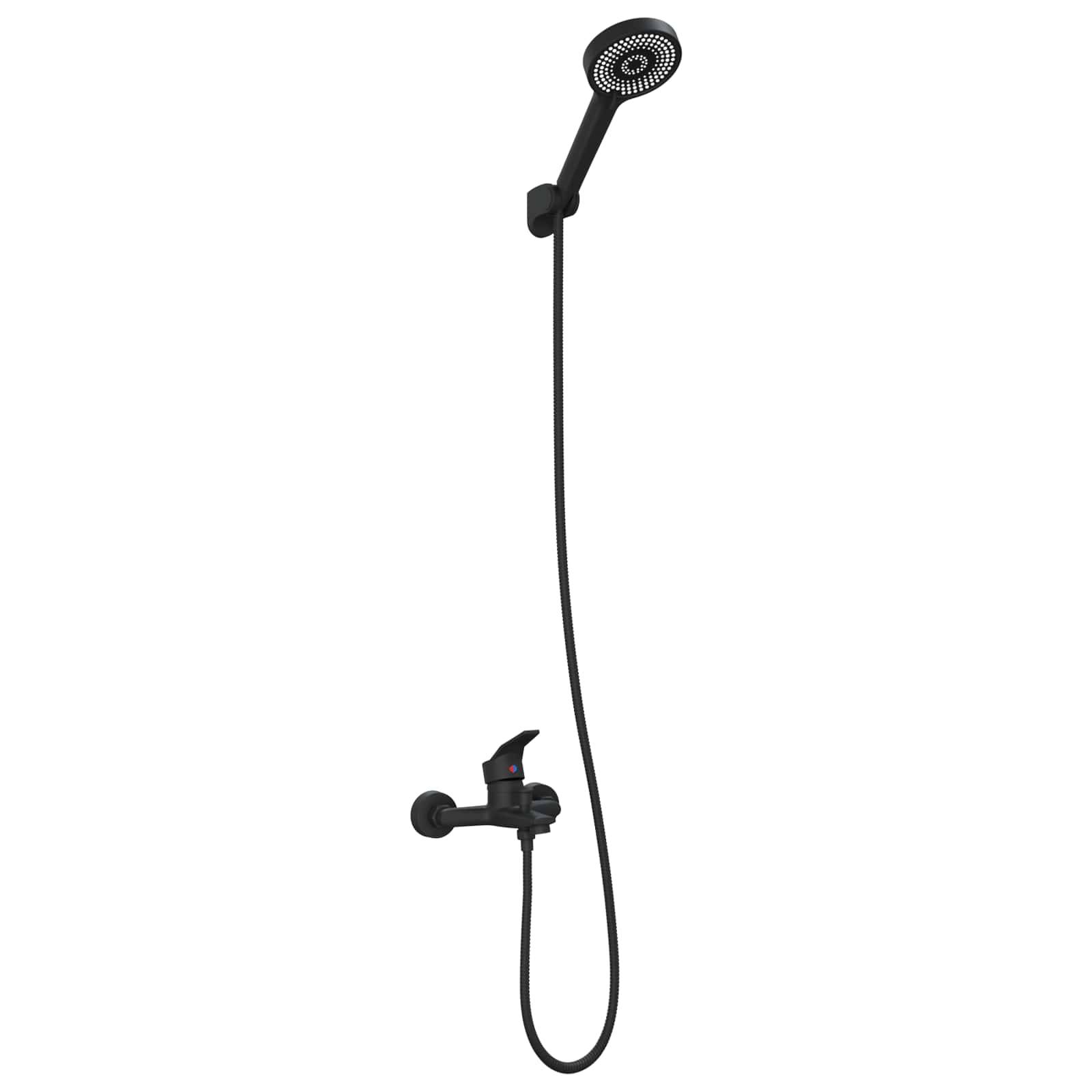 Eine schwarze Handbrause mit flexiblem Schlauch ist an einer Wand montiert. Das Design ist modern und minimalistisch, passend für eine Badezimmerumgebung.