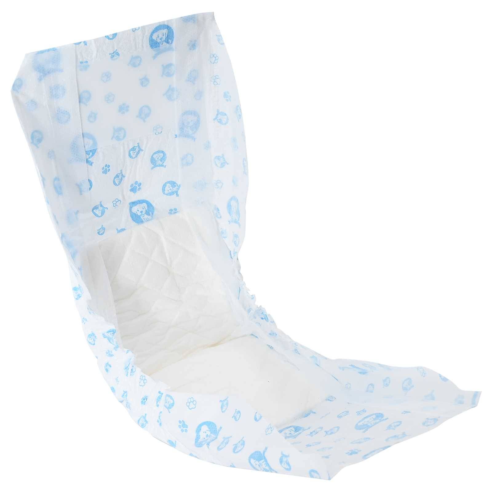 Eine offene Wegwerfwindel für Babys mit einer weißen gesteppten Innenseite und blauen Mustern an den Außenkanten.
