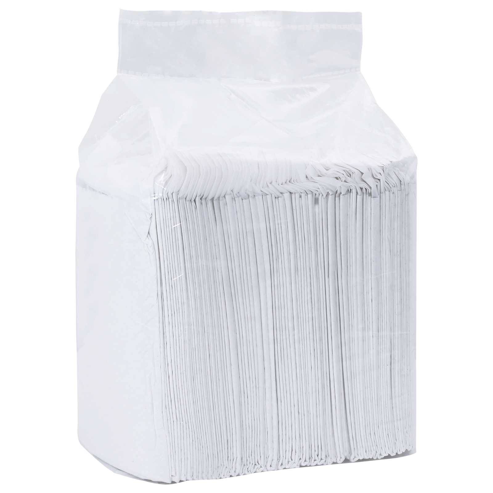 Stapel von weißen Servietten, die in transparenter Plastikverpackung eingewickelt sind.