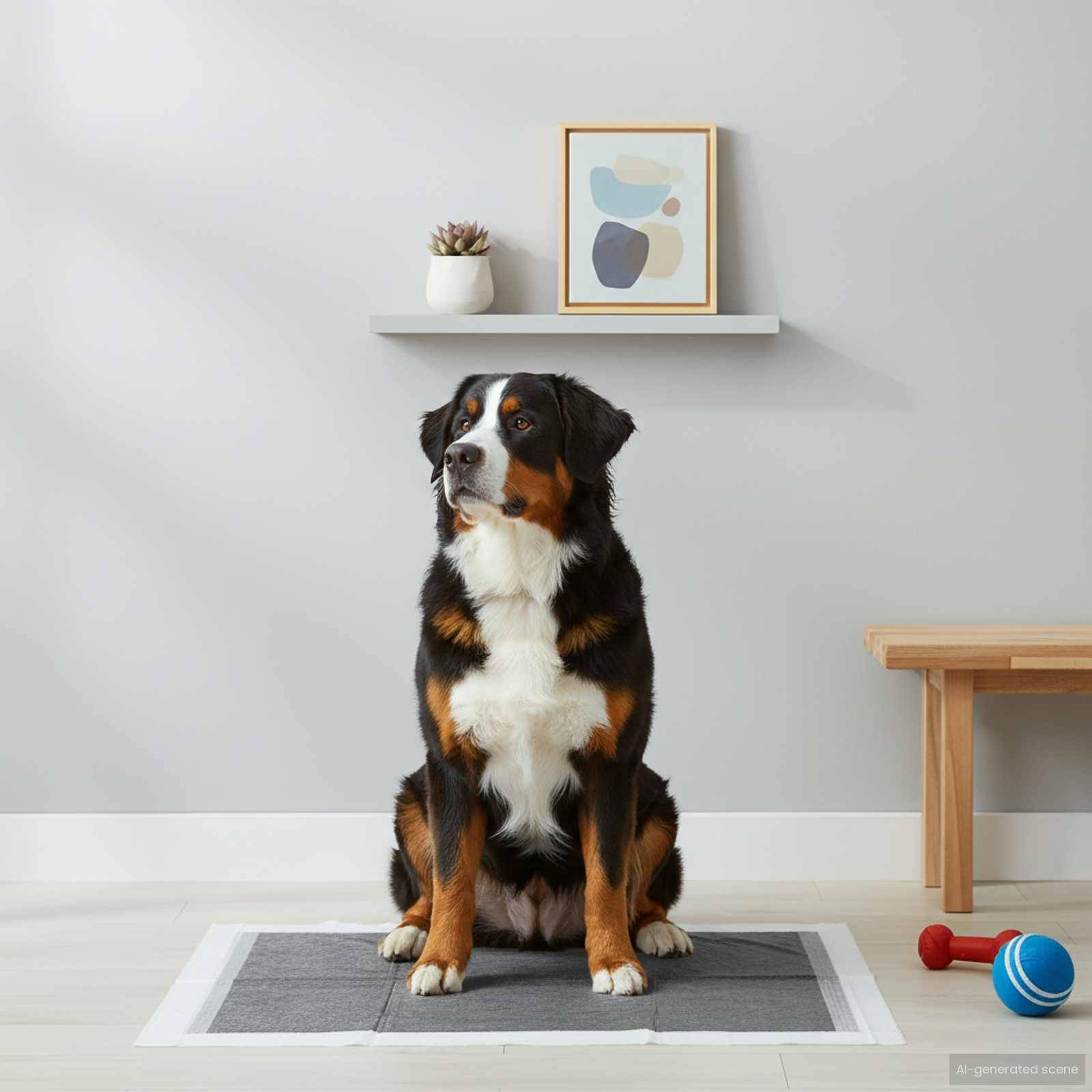 Ein großer Hund sitzt auf einer Matte in einem modernen, minimalistischen Raum mit einem Regal, das eine Pflanze und abstrakte Kunstwerke trägt.