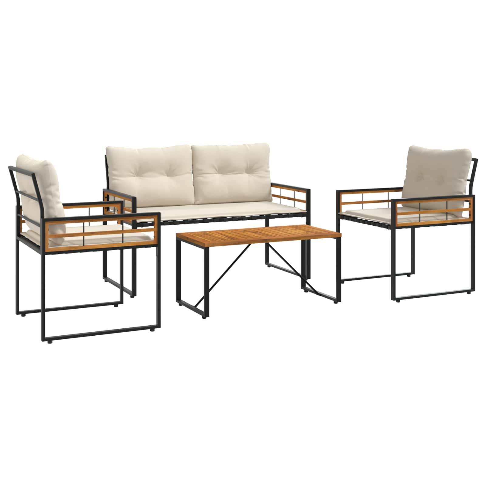 Outdoor-Terrassenset mit Holzrahmen und Metallelementen, bestehend aus einem gepolsterten Sofa, zwei Sesseln und einem rechteckigen Tisch.