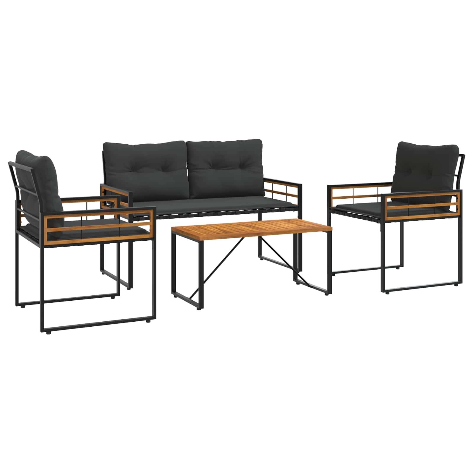 Outdoor-Terrassenmöbel-Set bestehend aus einer Couch, zwei Stühlen und einem rechteckigen Tisch. Schwarze Metallrahmen mit Holzarmlehnen und Tischplatte, dunkle Kissen.