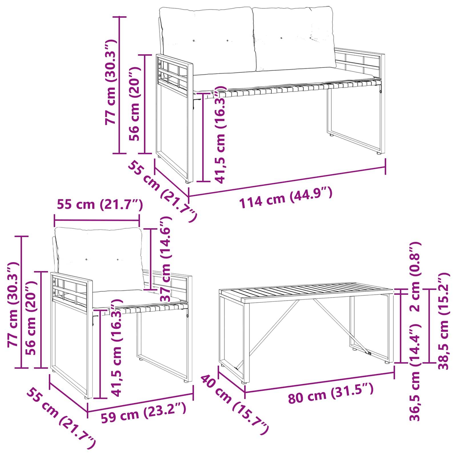 Diagramm mit Abmessungen eines Schlafsofa-Verwandlungsmechanismus. Sofa: 114 cm breit, 77 cm hoch. Bank: 85 cm hoch, 36,5 cm breit, 80 cm tief.