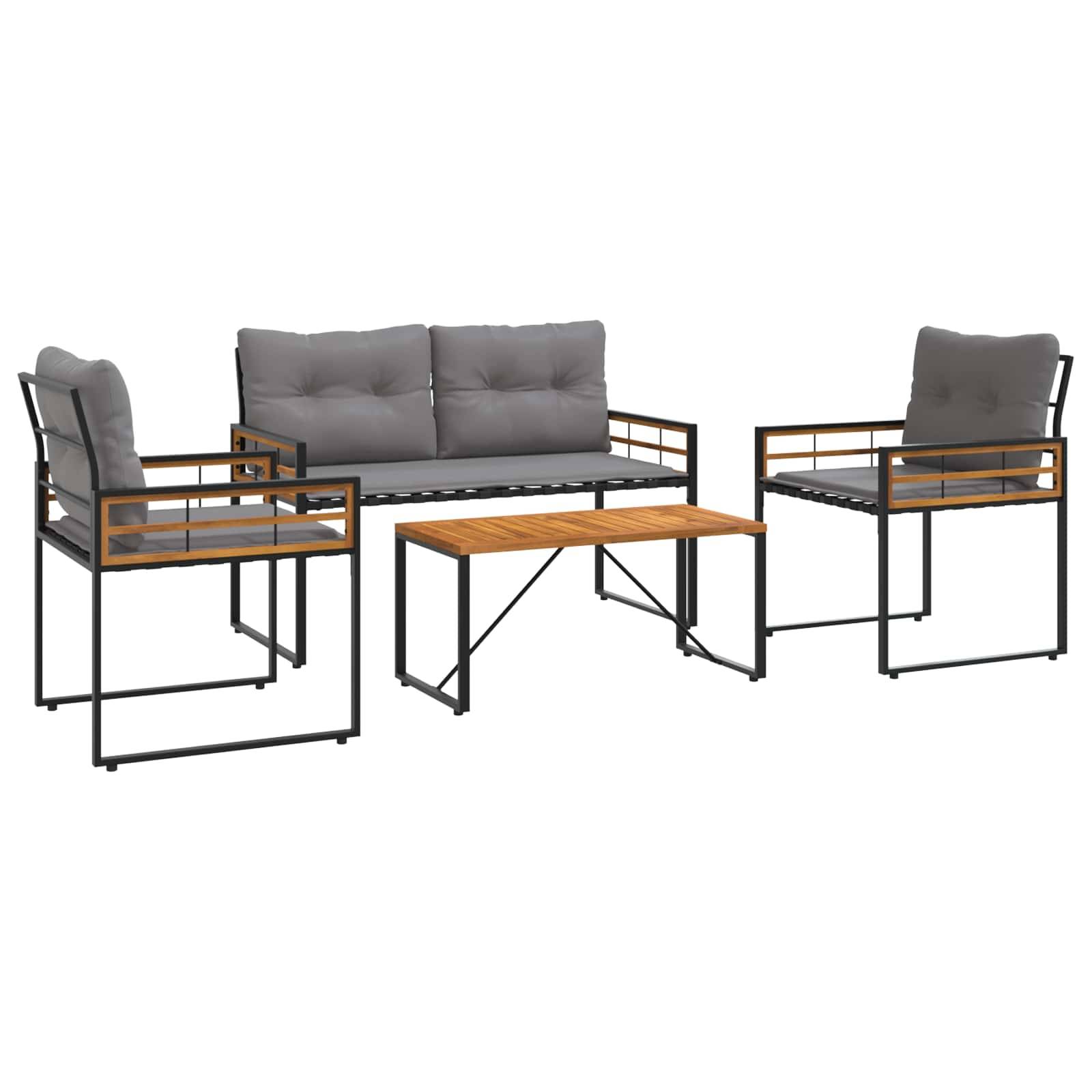 Outdoor-Gartenmöbel-Set bestehend aus zwei Einzelstühlen, einer Zweisitzer-Couch und einem rechteckigen Holz-Couchtisch. Die Kissen sind grau.