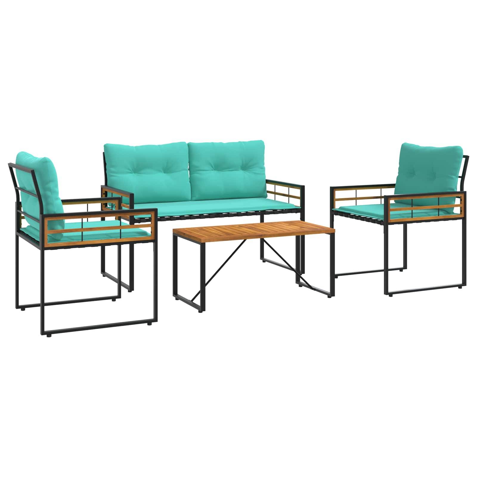 Outdoor-Gartenmöbel-Set mit türkisfarbenen Kissen, bestehend aus einer Couch, zwei Sesseln und einem Holz-Couchtisch mit Metallrahmen.