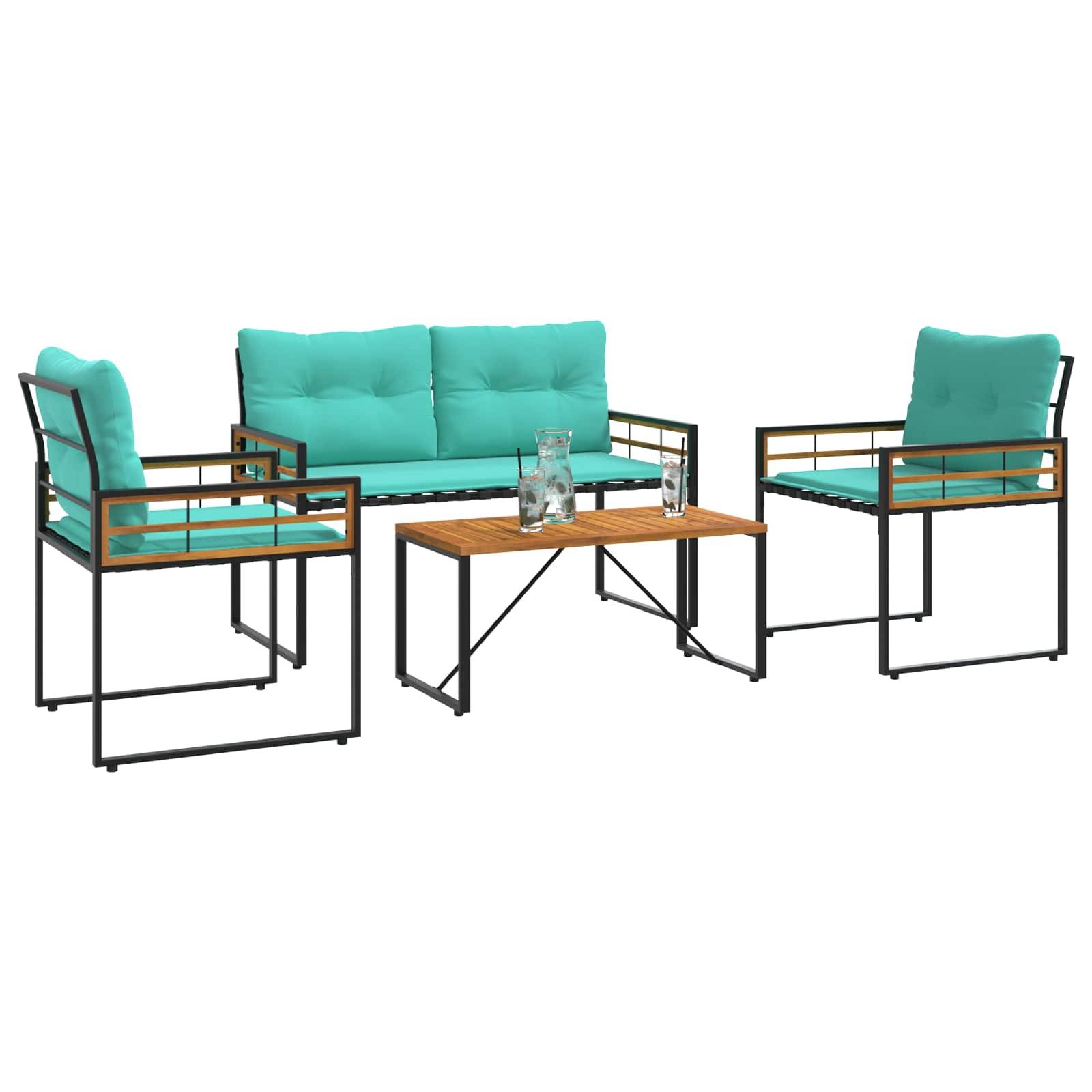 Outdoor-Terrassenmöbel-Set bestehend aus einem Holztisch, zwei Sesseln und einer Zweisitzer-Couch mit türkisfarbenen Kissen auf Metallgestellen, angeordnet vor einem neutralen Hintergrund.