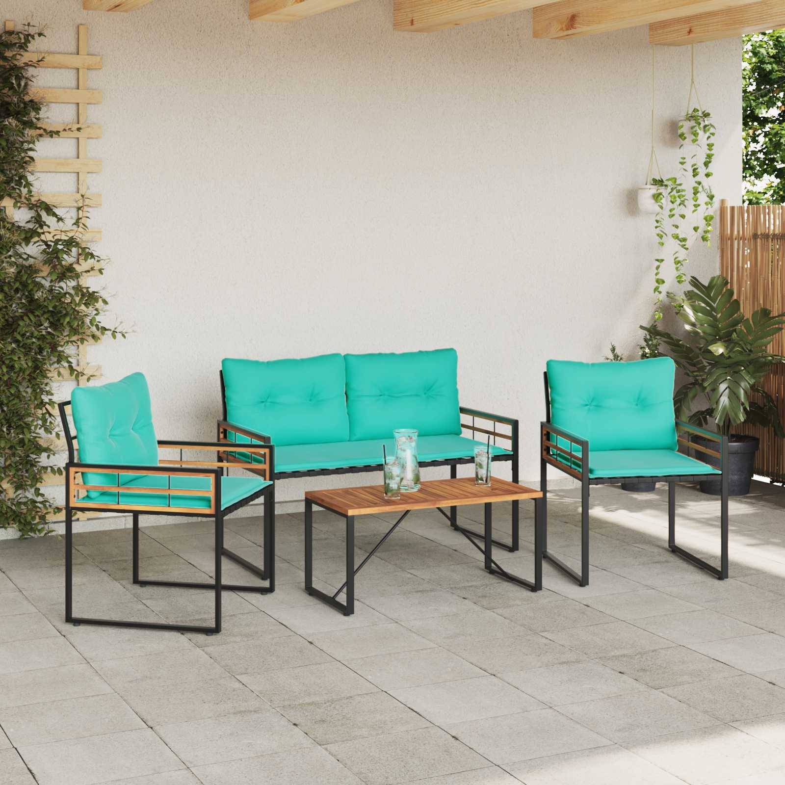 Outdoor-Terrasse mit einer Holzpergola, ausgestattet mit einer türkisfarbenen gepolsterten Sitzgruppe und einem kleinen Tisch, umgeben von Topfpflanzen.