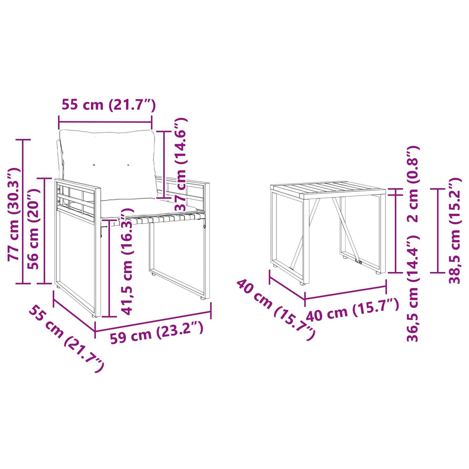 Stuhl- und Tischabmessungen in Zentimetern: Stuhl 77x55x56 (Sitzfläche 41,5x37, Rückenlehne 55), Tisch 40x40x38,5. Messungen in Rosa gekennzeichnet.