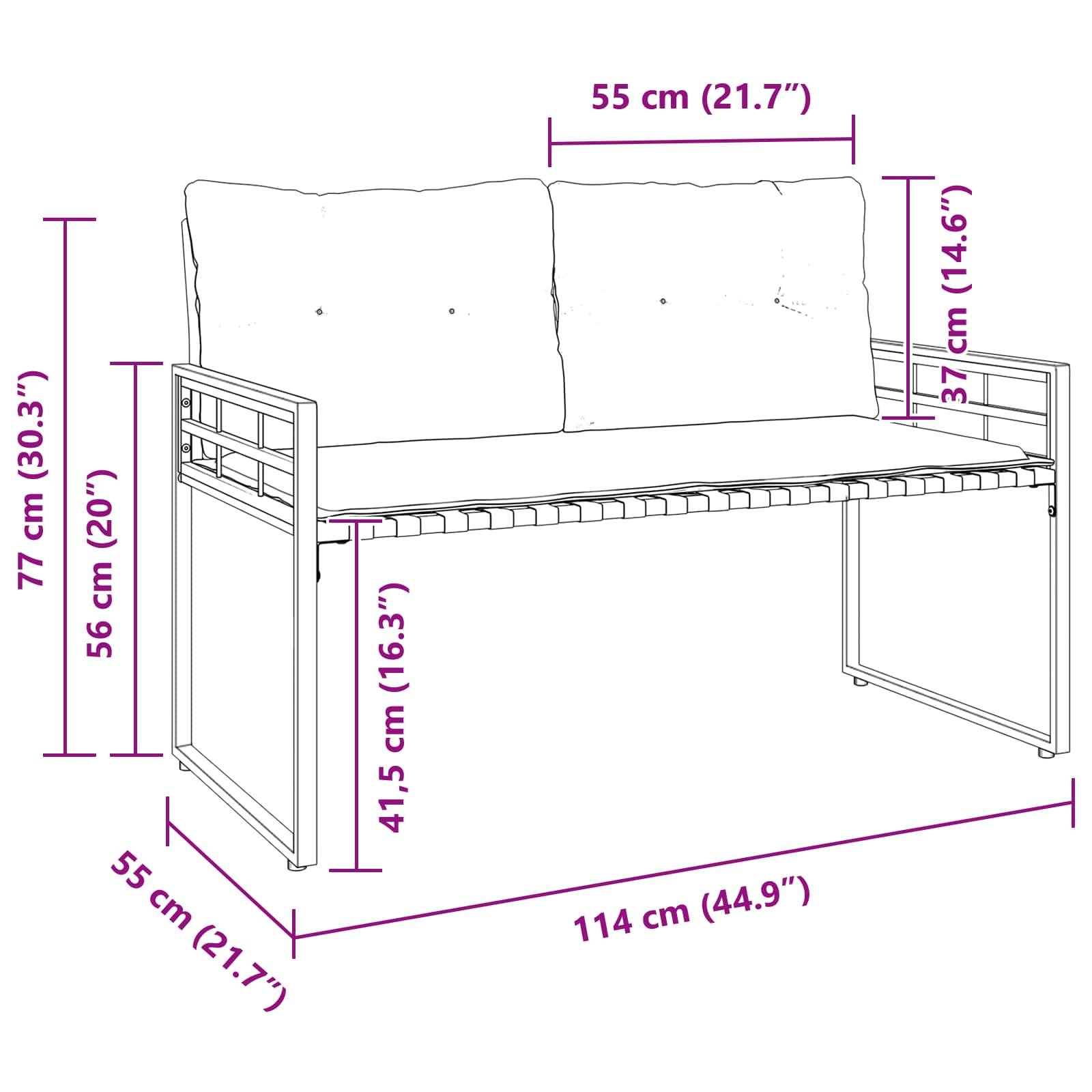 Die Abmessungen der Bank sind wie folgt dargestellt: 55 cm Breite, 114 cm Länge, 77 cm Höhe, wobei die Abmessungen des Kissens 56 cm Höhe und 37 cm Tiefe betragen.