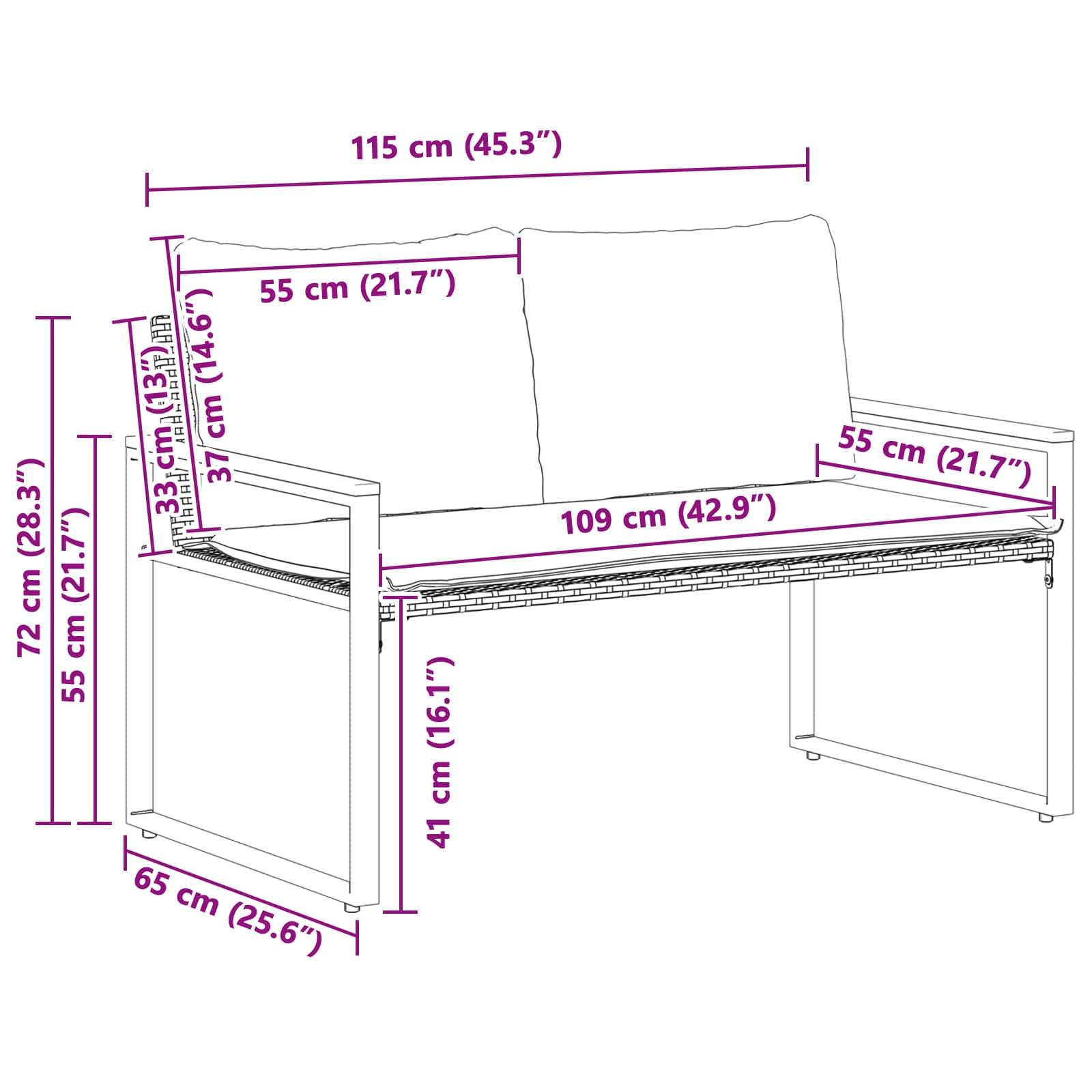 Sofa-Maße: Breite 115 cm, Höhe 72 cm, Tiefe 65 cm. Sitzhöhe 41 cm, Rückenlehne 33 cm, Armlehne 55 cm. Maße in cm und Zoll.
