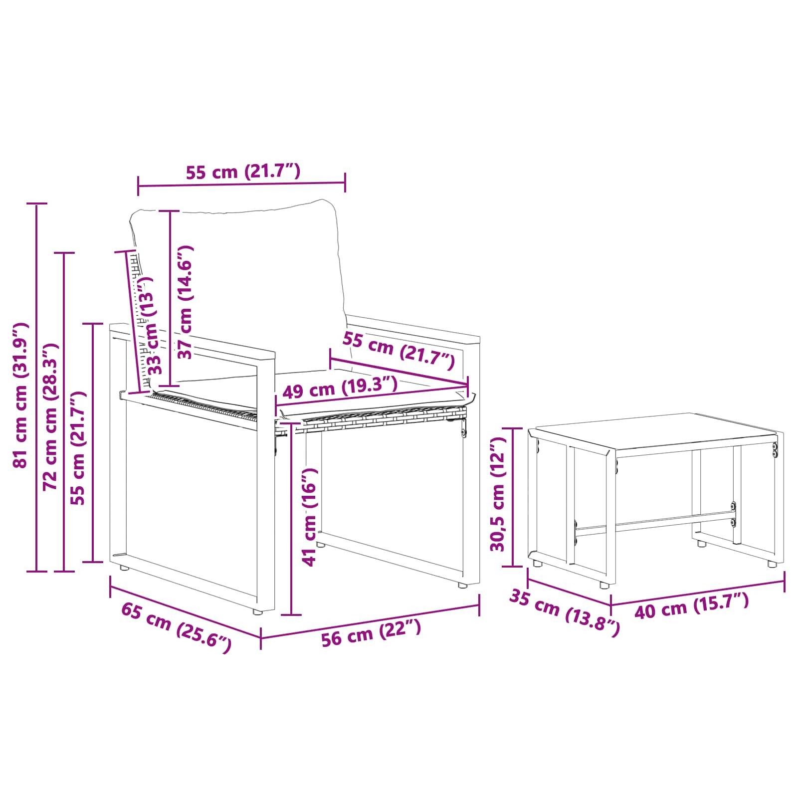 Stuhlabmessungen: Höhe 81 cm, Breite 55 cm, Tiefe 65 cm; Sitzhöhe 41 cm. Tischabmessungen: Höhe 30,5 cm, Breite 40 cm, Tiefe 35 cm.