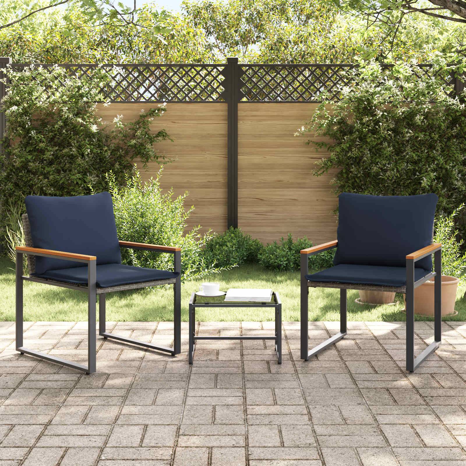 vidaXL Möbelsets mit Kissen 3 pcs Grau und Marineblau Rattan