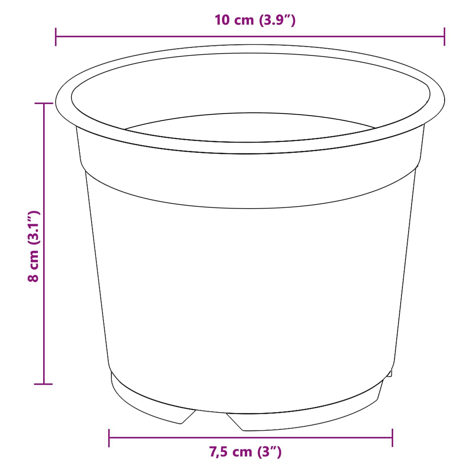 Ein Diagramm eines zylindrischen Blumentopfes mit Maßen: 8 cm (3,1