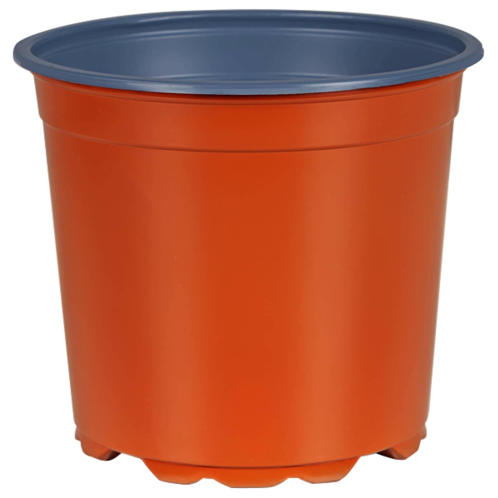Ein leerer orangefarbener Blumentopf mit blauem Rand, aus Kunststoff, aufrecht stehend auf einem weißen Hintergrund.