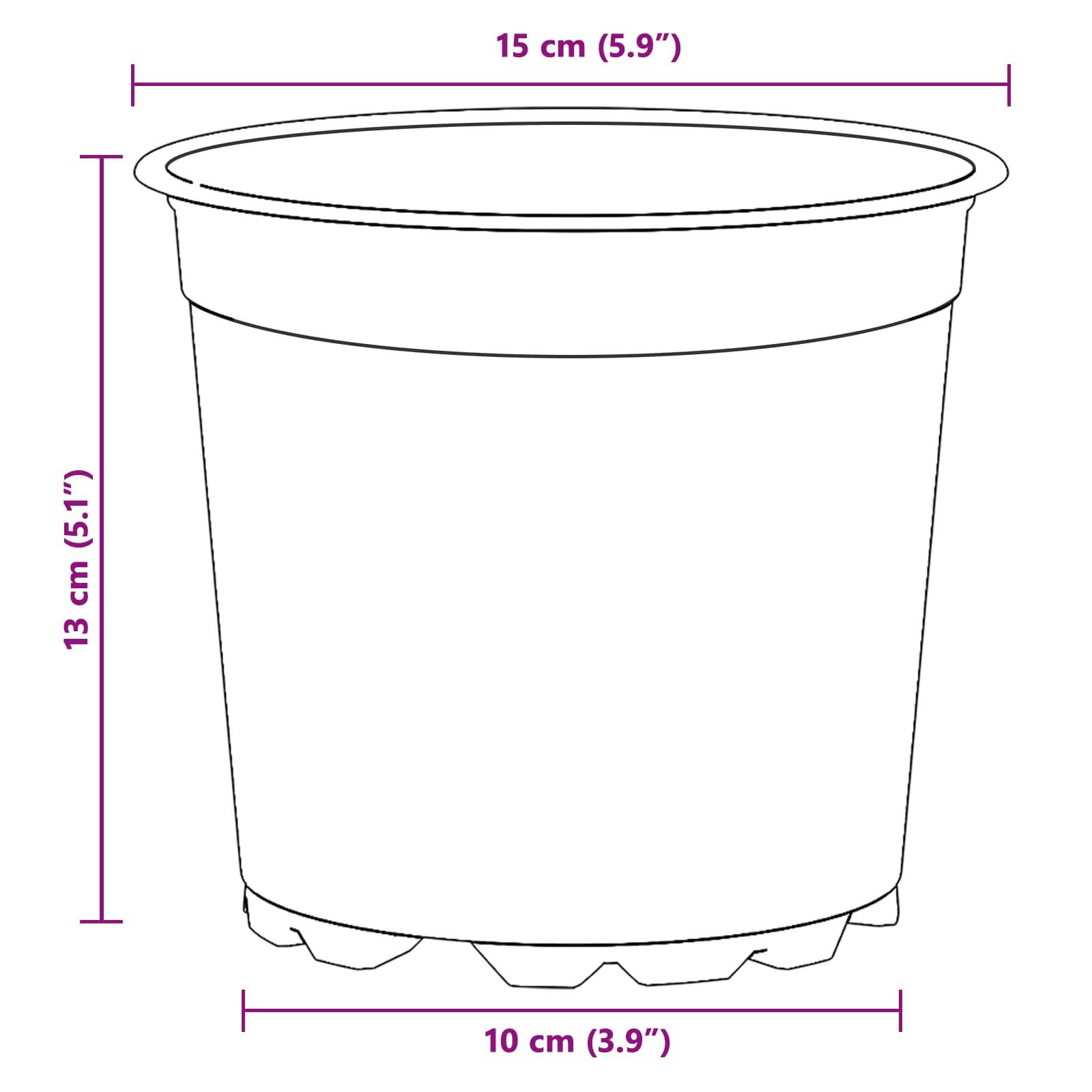 Eine Linienzeichnung eines Blumentopfes mit beschrifteten Dimensionen: Durchmesser oben 15 cm (5,9 Zoll), Höhe 13 cm (5,1 Zoll), Durchmesser unten 10 cm (3,9 Zoll).