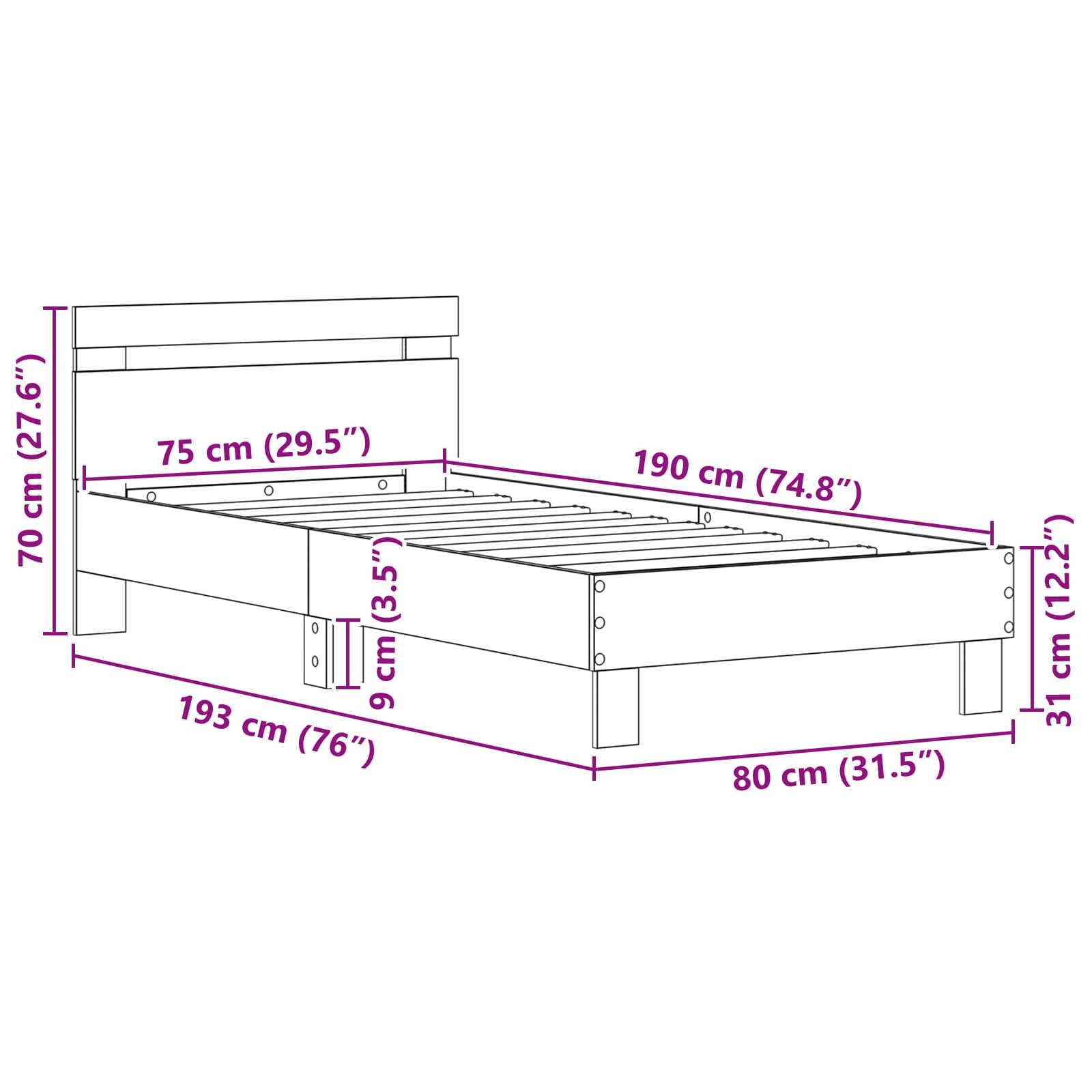 Bettrahmen-Diagramm mit Maßangaben: Höhe 70 cm, Länge 193 cm, Breite 80 cm. Zusätzliche Dimensionen: Beinhöhe 31 cm, Stützhöhe 9 cm.