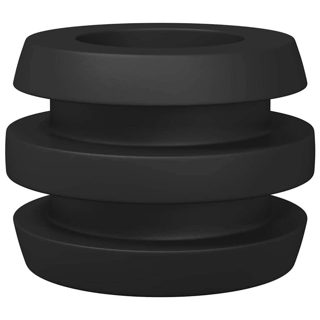 Ein schwarzes, dreistufiges, zylindrisches Objekt mit abgerundeten Kanten, das einer Stapel glatter Scheiben ähnelt.