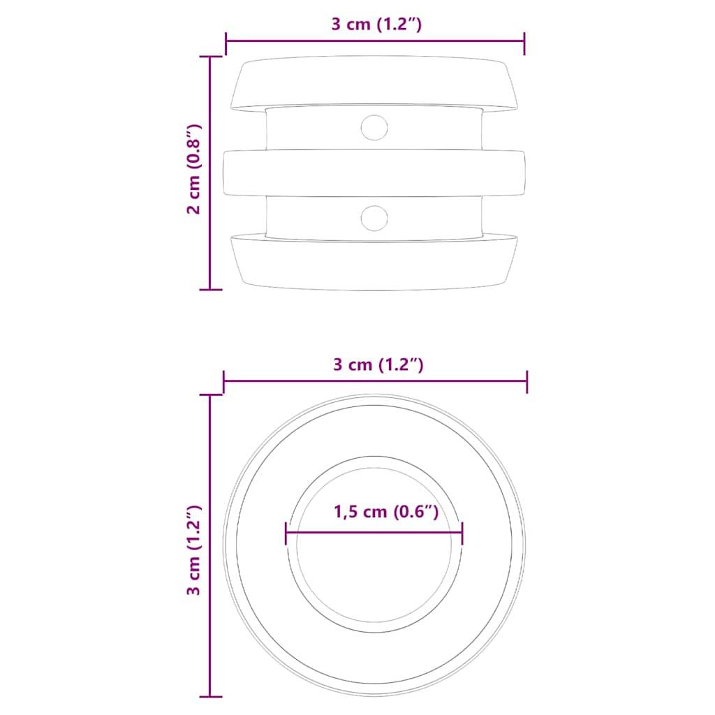 Diagramm, das einen zylindrischen Gegenstand mit 3 cm Durchmesser und Höhe und zwei Rillen zeigt. Seiten- und Draufsicht enthalten Messungen in Zoll.