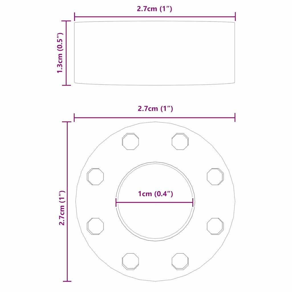 Technische Zeichnung eines zylindrischen Objekts: Seitenansicht: 2,7 cm x 1,3 cm; Draufsicht: Kreis mit sechseckigen Bolzen, Durchmesser 2,7 cm, innerer Kreis 1 cm.