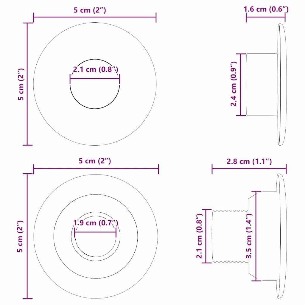 Drei technische Darstellungen von kreisförmigen Objekten mit Maßangaben. Jedes hat einen Durchmesser von 5 cm. Seitenansicht zeigt Höhenunterschiede.