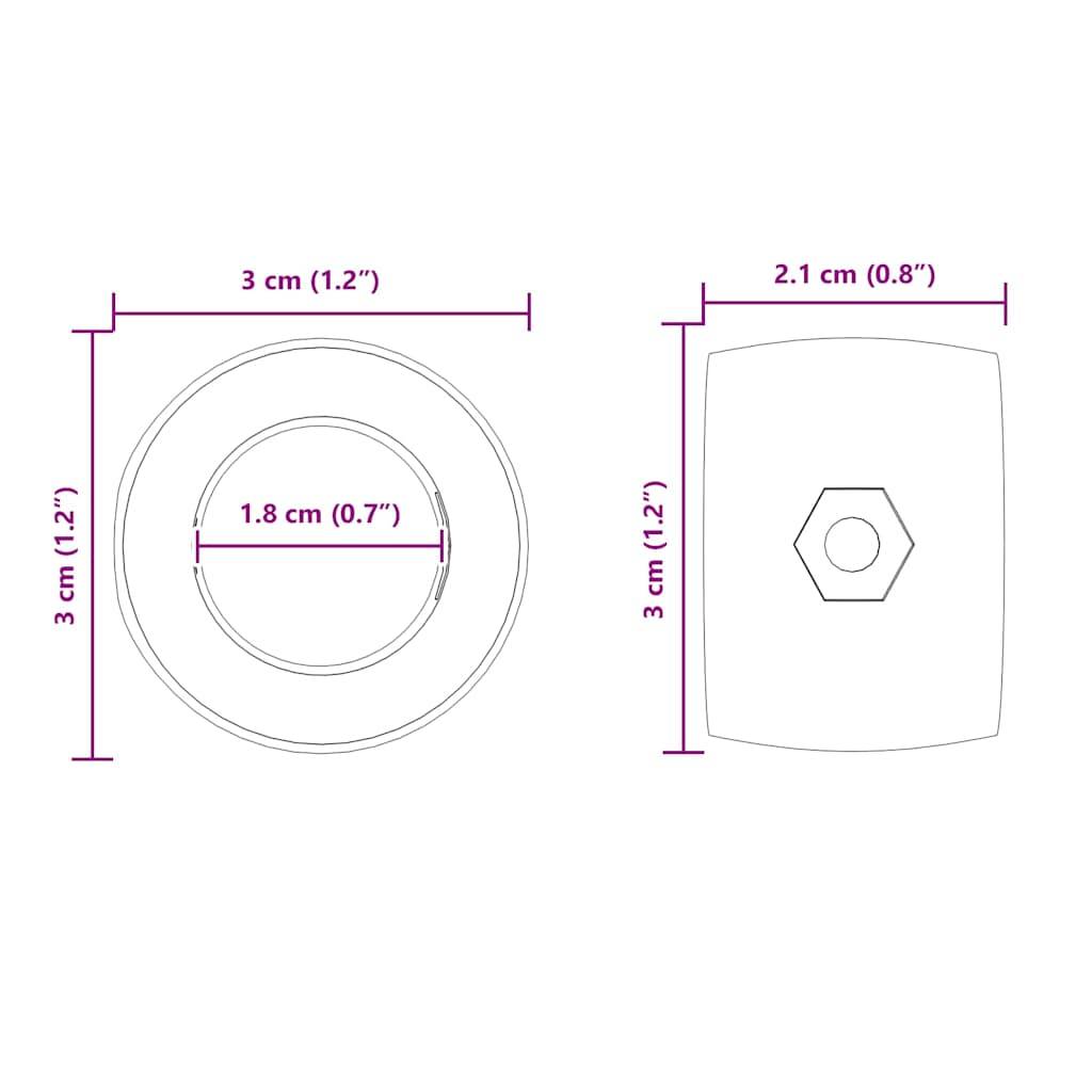 Technische Zeichnung zweier Formen: eines Kreises und eines Sechsecks. Der Kreis hat einen Durchmesser von 3 cm mit einem Innenkreis von 1,8 cm. Das Sechseck hat eine Breite von 2,1 cm.