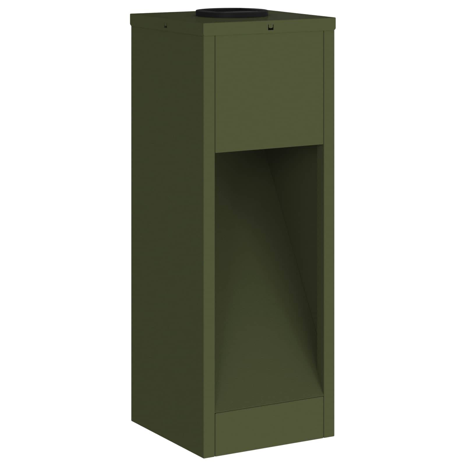 Eine grüne Metallmülltonne mit offener Vorderseite und einer kreisrunden Öffnung oben, die für die öffentliche Nutzung im Freien konzipiert ist.