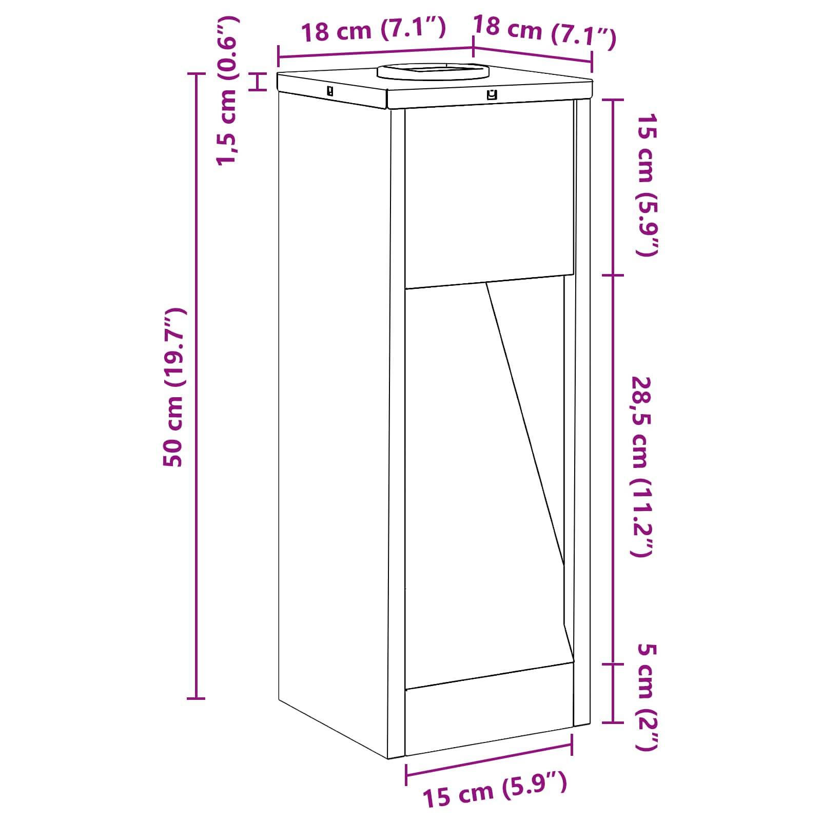 Diagramm eines rechteckigen Lautsprechergehäuses mit beschrifteten Abmessungen: Höhe 50 cm, Breite 18 cm, Tiefe 18 cm, und interne Komponenten dargestellt.