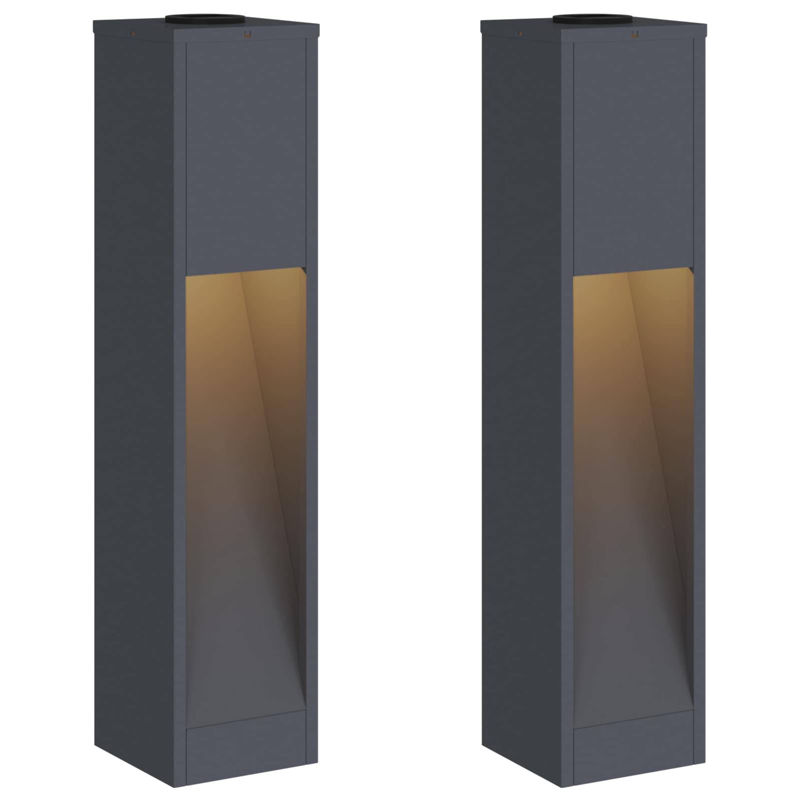 Zwei hohe, rechteckige Außenleuchten mit schwarzem Gehäuse. Beide strahlen warmes Licht nach unten aus der oberen Sektion.