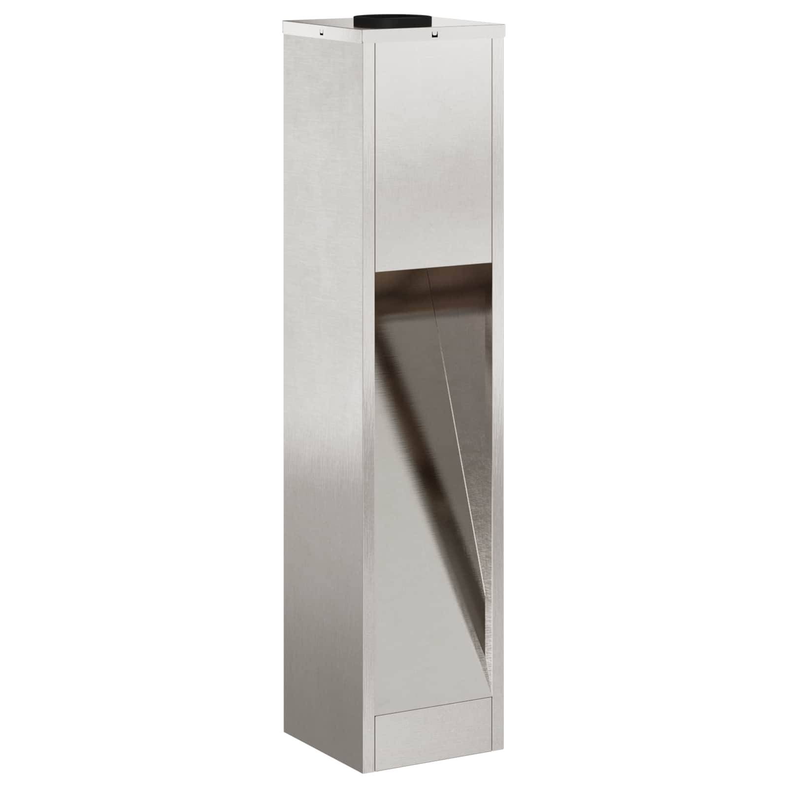 Ein hoher, rechteckiger Standaschenbecher aus Edelstahl mit schräger Oberfläche, für die Verwendung im Freien entwickelt.