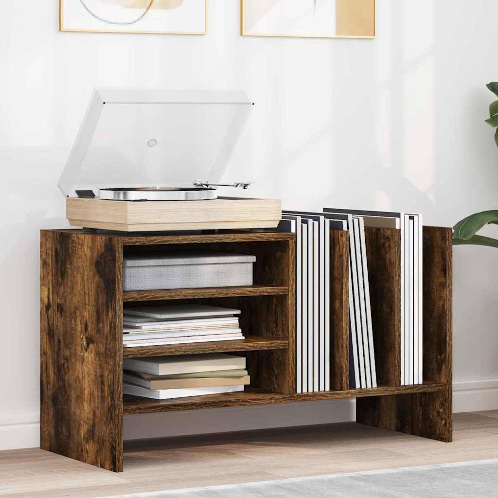 Holz-Plattenspielerständer hält einen Plattenspieler und mehrere Schallplatten. Er verfügt über offene Regale und ein minimalistisches Design, das eine Vintage-Atmosphäre schafft.