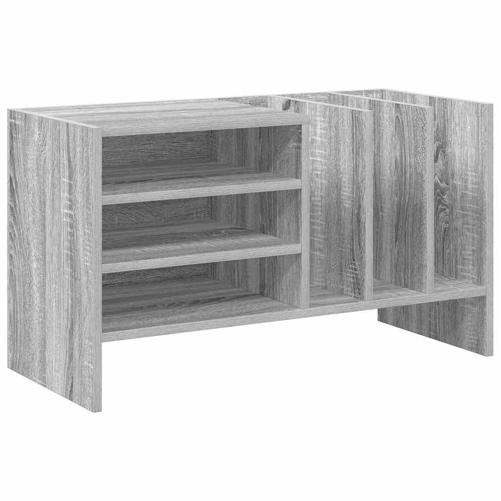 Holz-Schreibtischorganizer mit grauer Oberfläche und mehreren Fächern und Regalen zum Organisieren von Dokumenten und Bürobedarf.