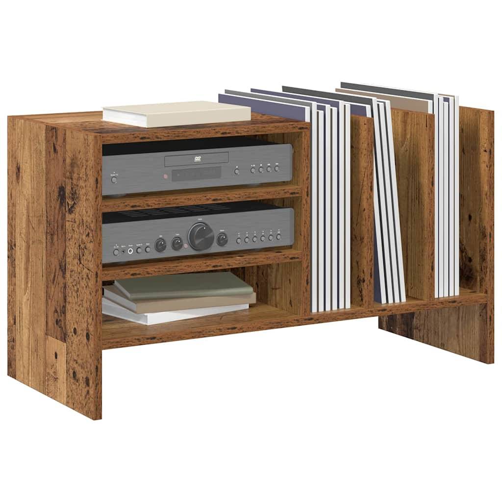 Eine Holz-AV-Einheit mit zwei Regalen für elektronische Geräte und seitlichen Fächern zum Aufbewahren von Schallplatten, die vielseitige Lagermöglichkeiten präsentiert.
