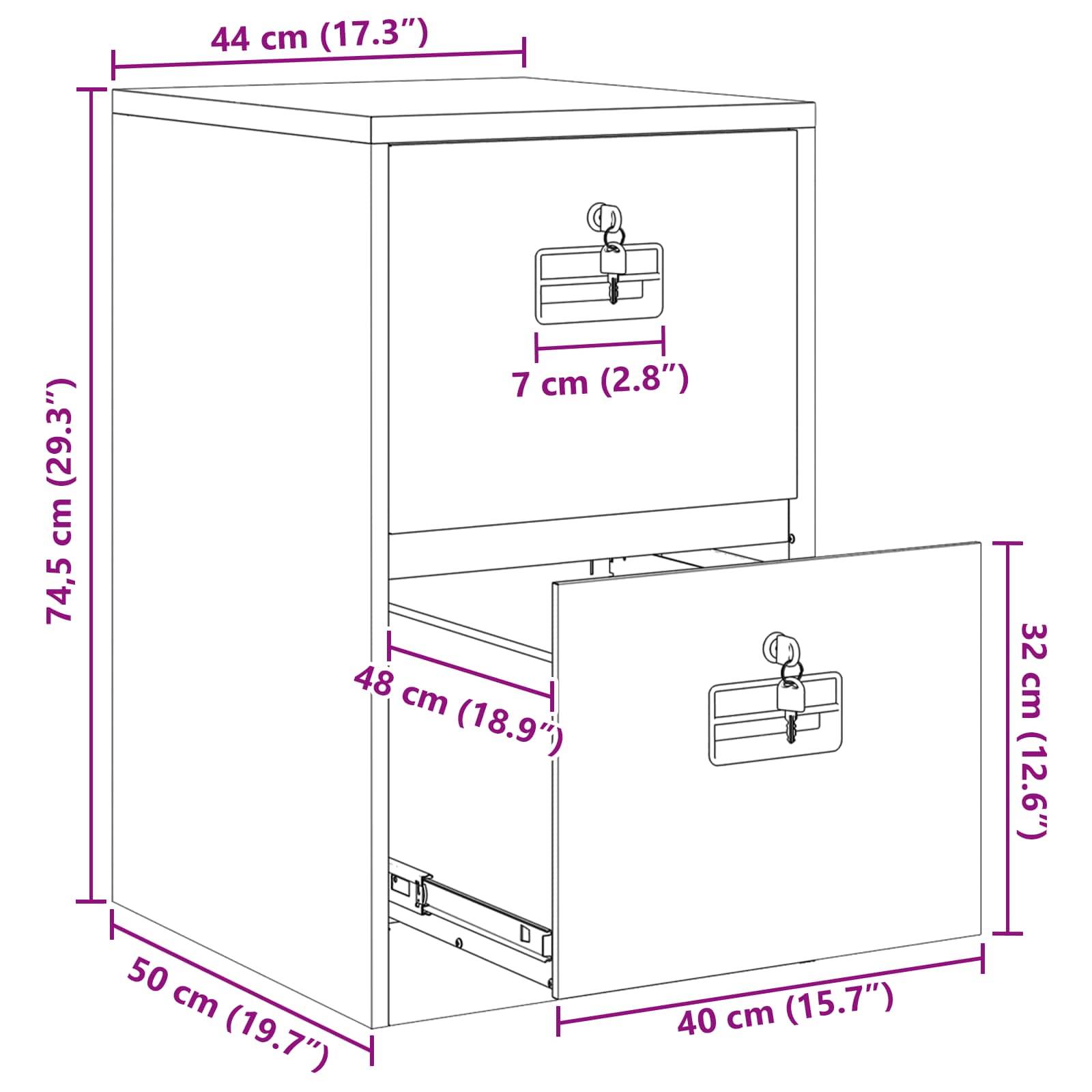 Eine Skizze eines Aktenschranks mit Maßangaben. Der Schrank ist 74,5 cm hoch, 50 cm tief und 44 cm breit. Die Schublade ist 32 cm hoch.