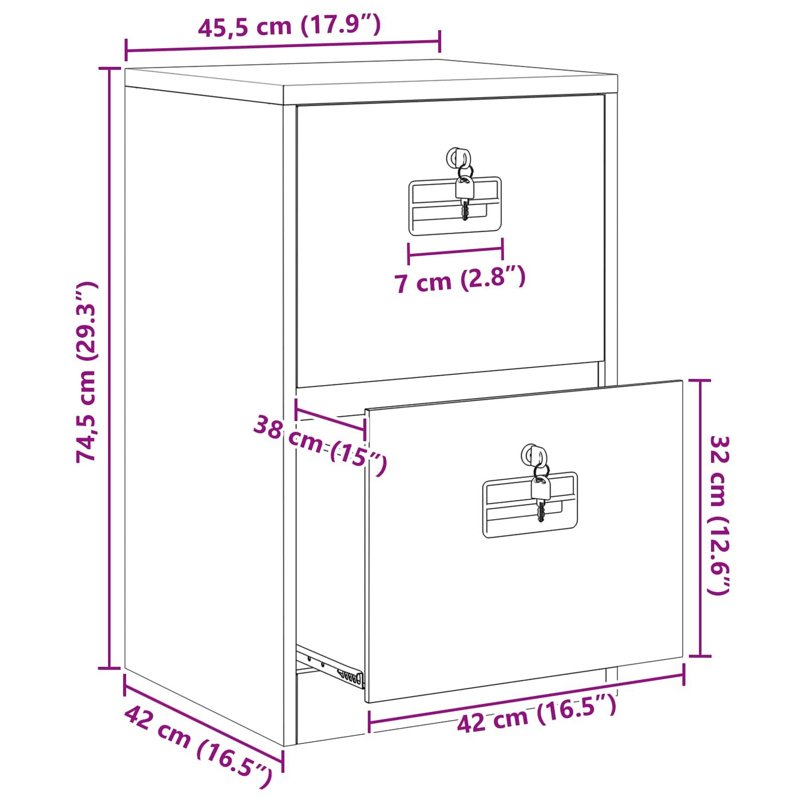 Abbildung eines Aktenschranks mit zwei Schubladen, Abmessungen beschriftet: Höhe 74,5 cm, Breite 45,5 cm, Tiefe 42 cm. Eine Schublade ist geöffnet.