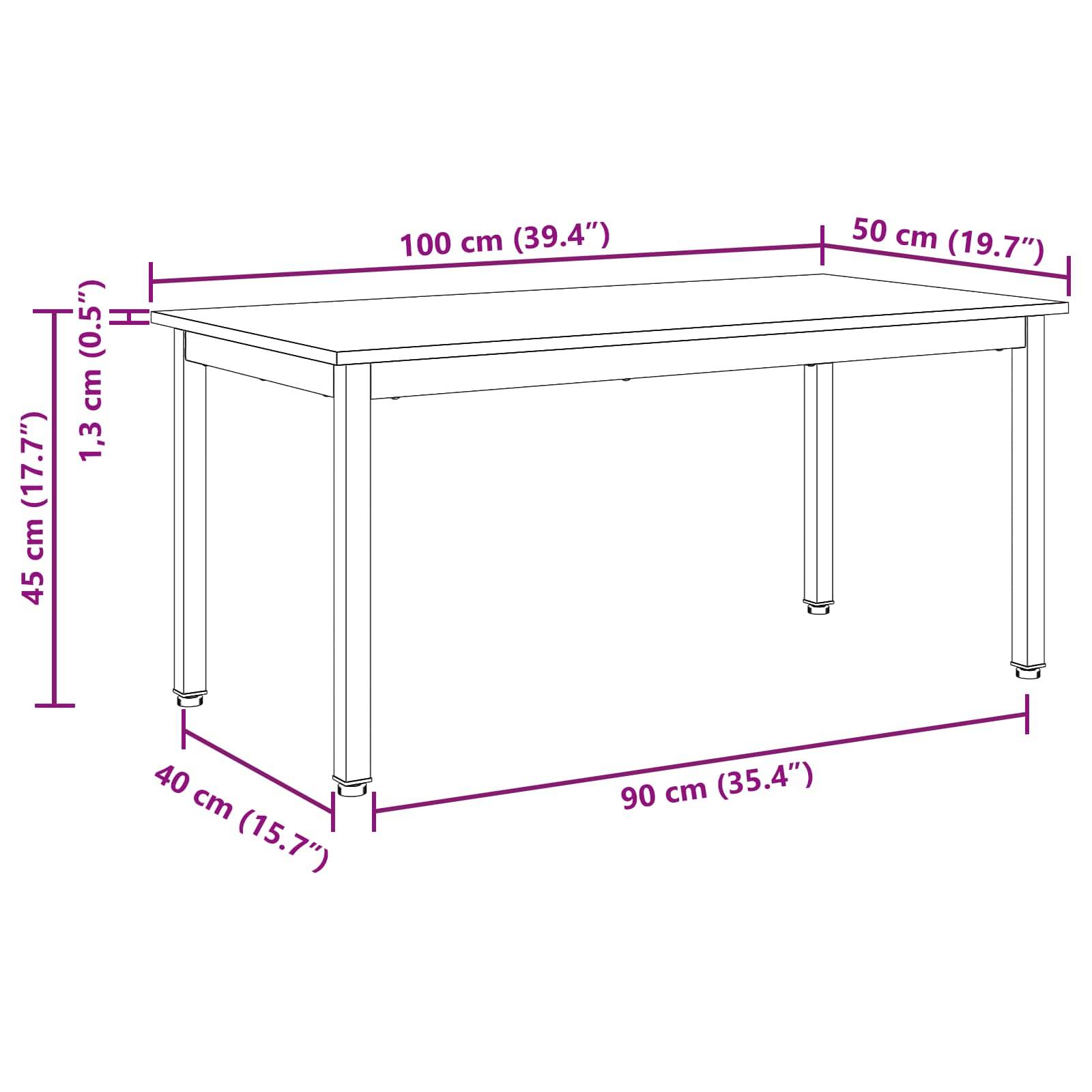 Ein rechteckiger Tisch mit beschrifteten Abmessungen: Höhe 45 cm (17,7