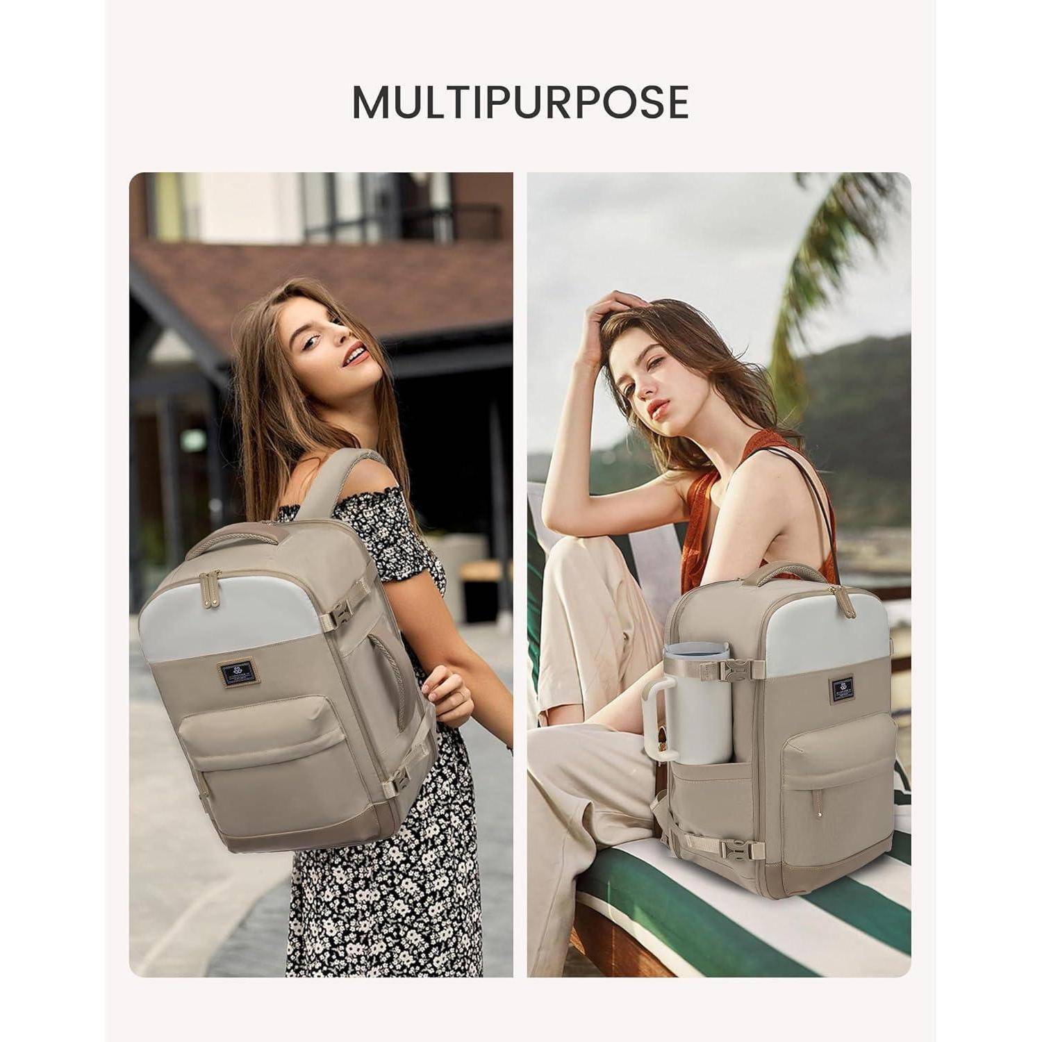 Zwei Bilder, die eine Frau im Freien mit einem multifunktionalen Rucksack zeigen. Links: stehend auf einer Straße. Rechts: sitzend in der Nähe eines Strandes.