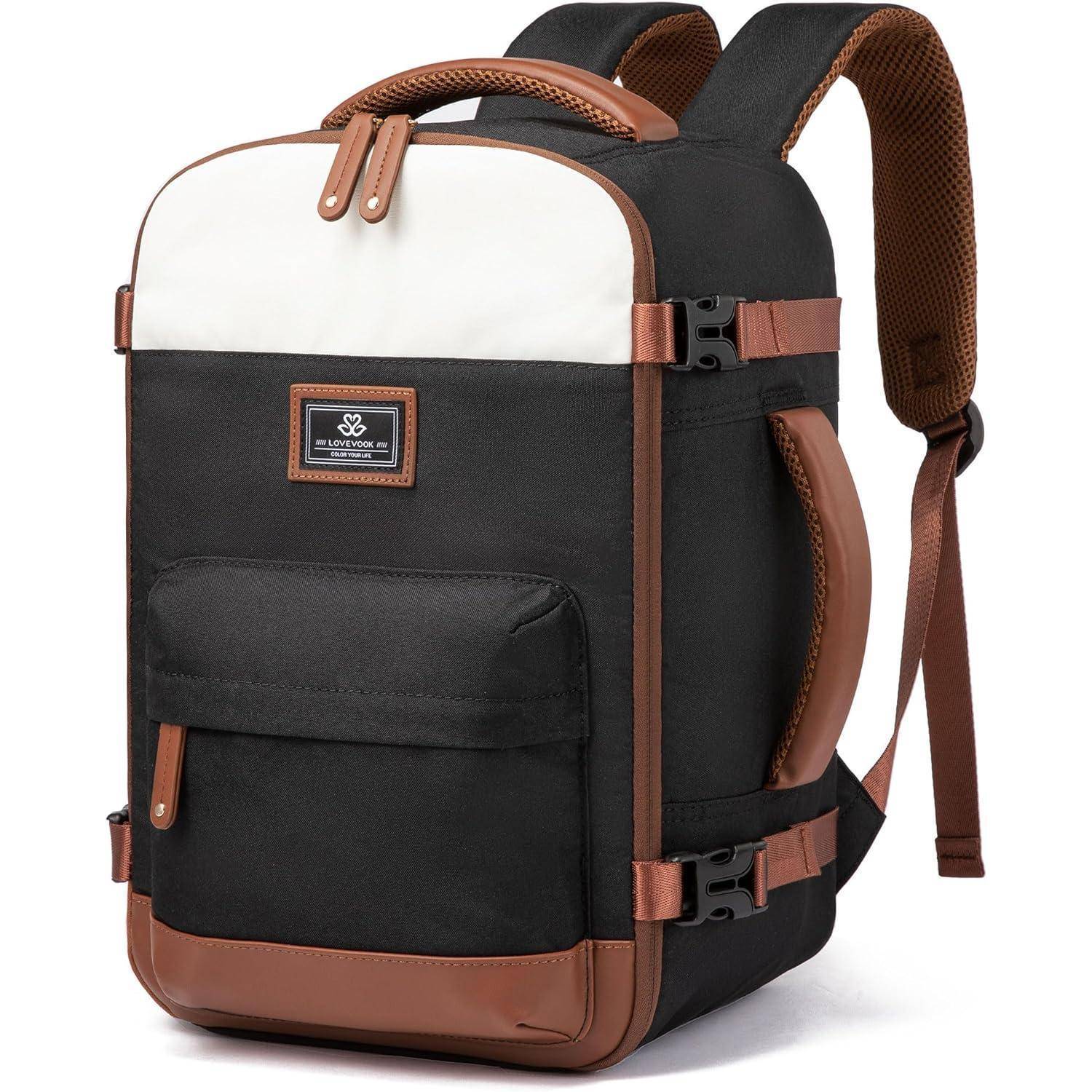 Ein schwarzer und weißer Rucksack mit braunen Akzenten, ausgestattet mit gepolsterten Trägern, Seitengriffschlaufen und mehreren Fächern für praktische Nutzung.