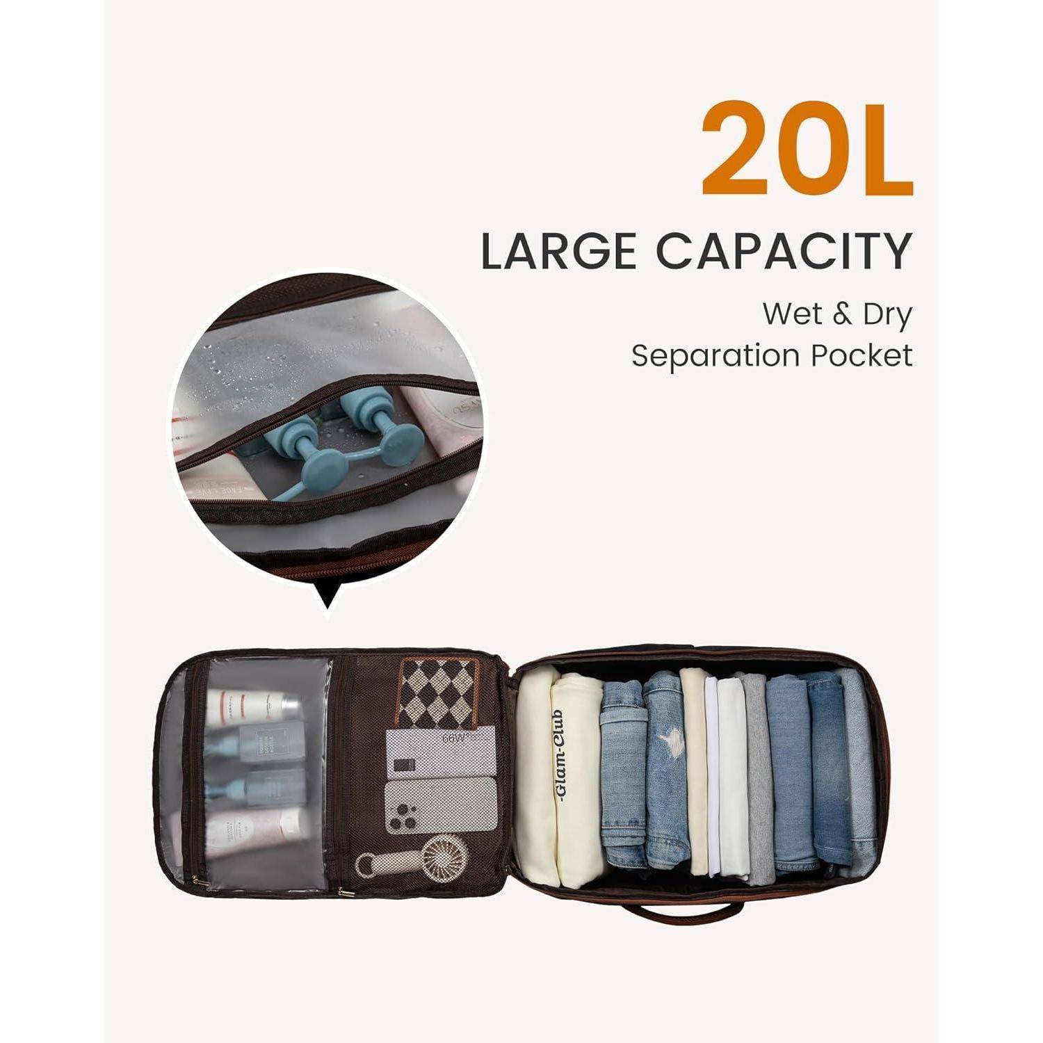 Faltbare Tasche mit getrennten Nass- und Trockenfächern, ordentlich gepackte Gegenstände präsentierend, mit Beschriftung ‚20L Großes Fassungsvermögen', mit Fokus auf Organisation.