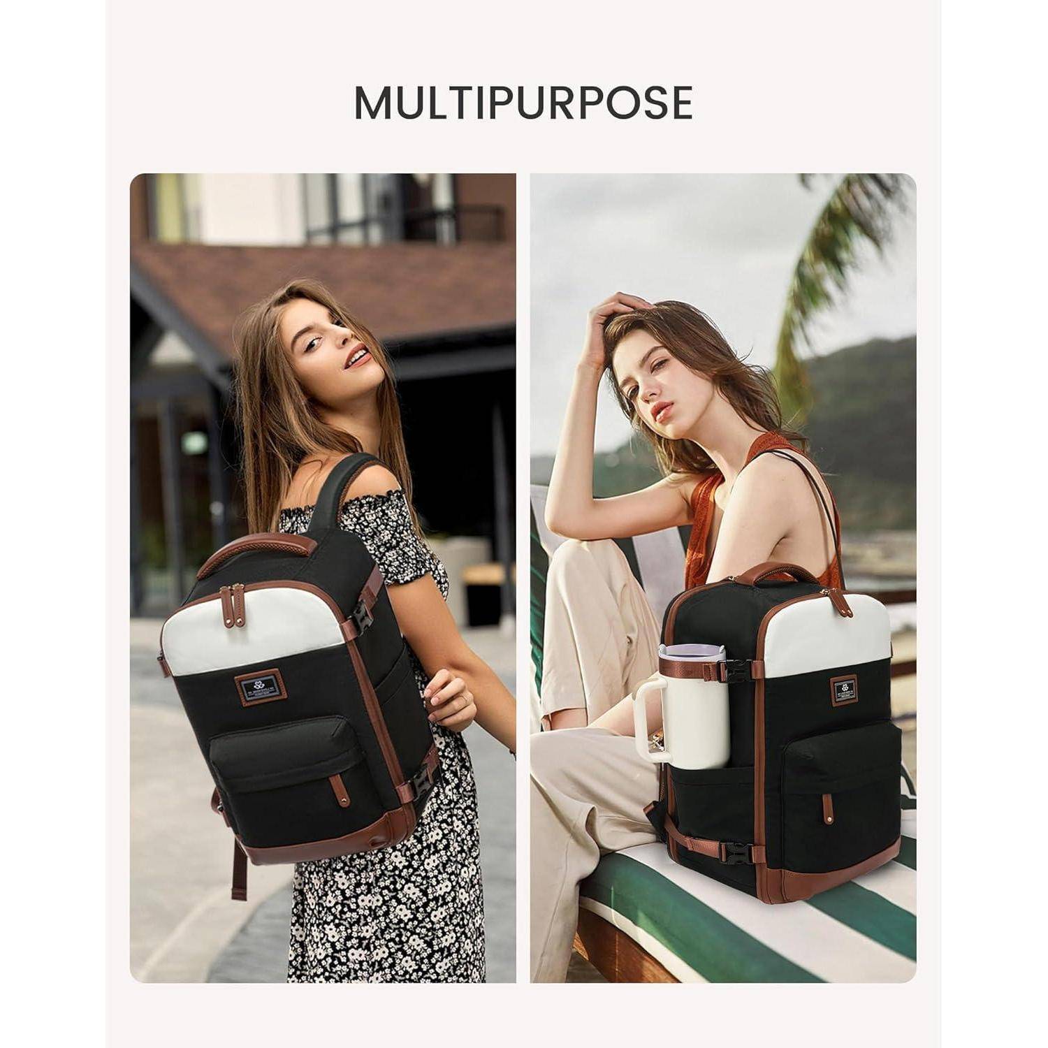 Multifunktionaler Rucksack, der in zwei Szenarien gezeigt wird: von einer Frau im Freien getragen und daneben sitzend bei einer Frau am Pool, wobei die Vielseitigkeit präsentiert wird.