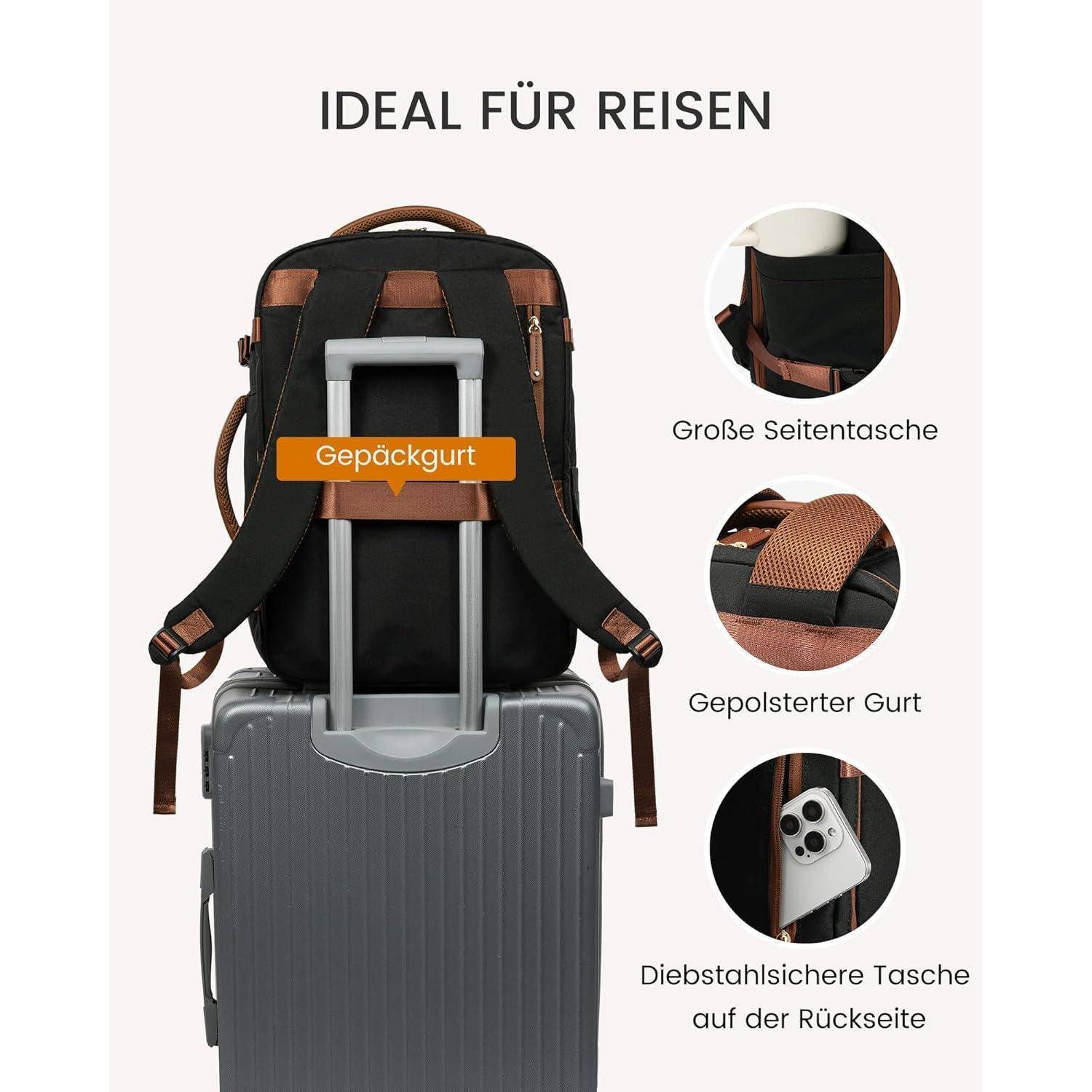 Rucksack auf einem Koffer mit gepolstertem Trageriemen, großer Seitentasche und diebstahlsicherer Rückentasche, gekennzeichnet als 