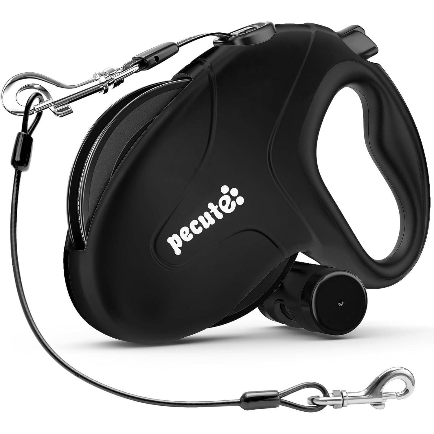 Schwarze einziehbare Hundeleine mit ergonomischem Griff und Metallkarabiner.