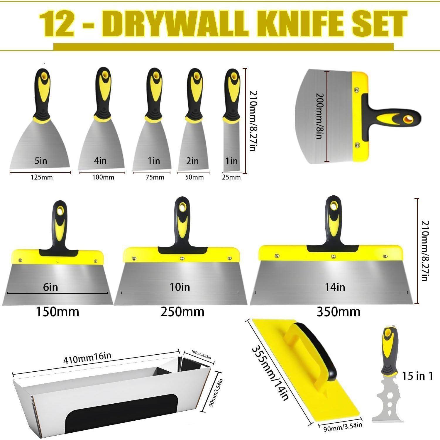 Trockenbaumesser-Set: Umfasst sechs Messer (4 cm bis 10 cm) mit Maßangaben, ein Eckwerkzeug und ein Fugenmesser, alle mit gelb-schwarzem Griff.