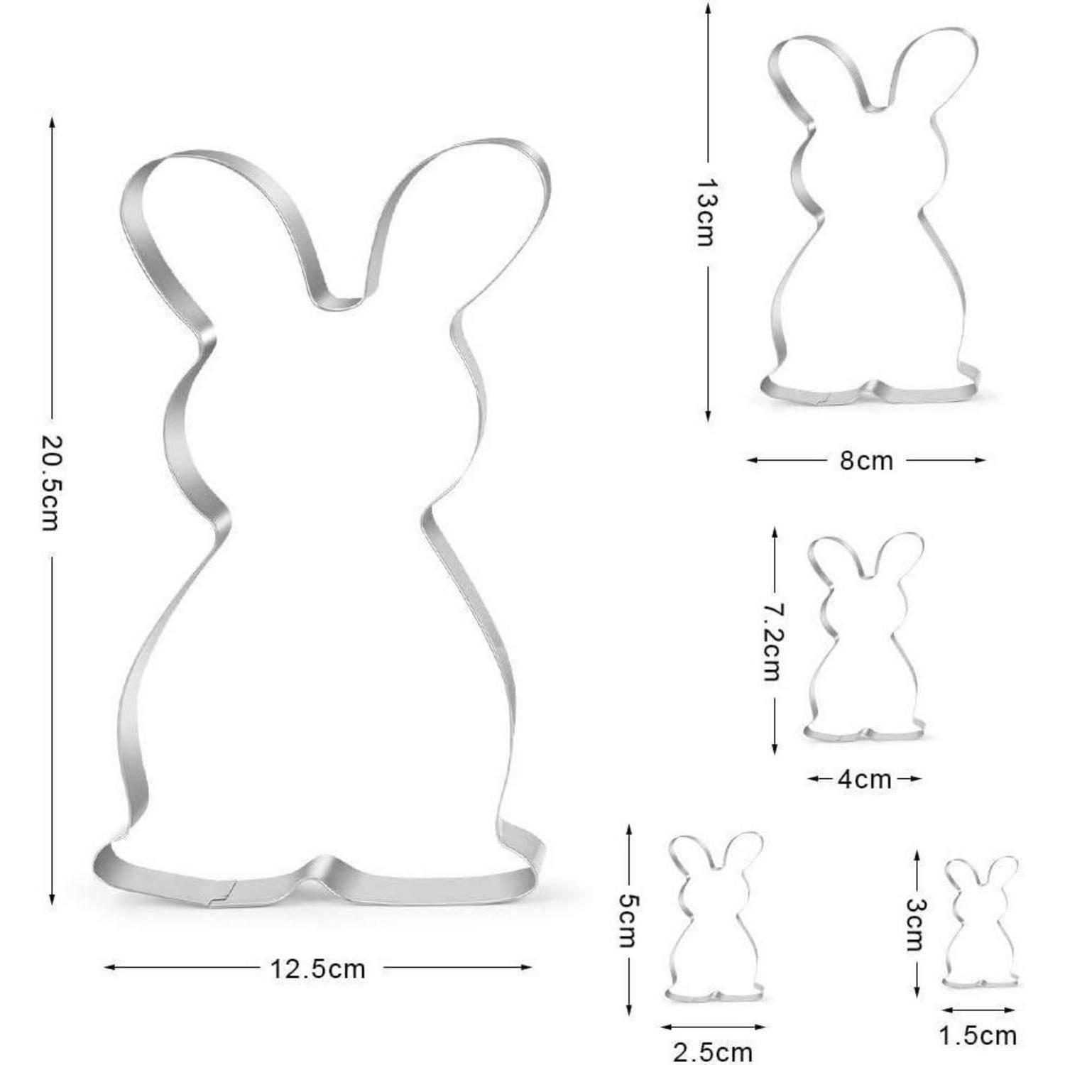 Drei Metallausstecher in Hasenform in verschiedenen Größen: groß (20,5 cm), mittel (8 cm) und klein (5 cm), mit Breitenangaben.