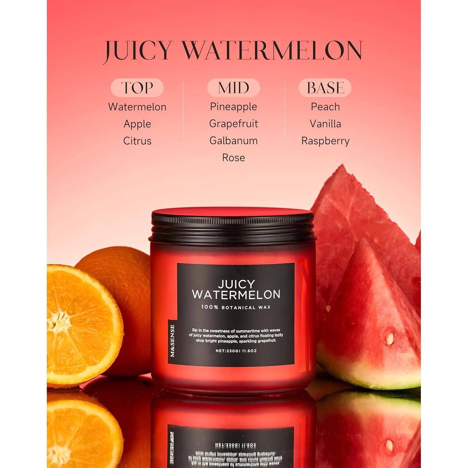 Kerze mit Duft 'Saftiger Wassermelone' mit einer Duftkombination aus Wassermelone, Apfel, Zitrus, Ananas, Grapefruit, Rose, Pfirsich, Vanille, Himbeere.