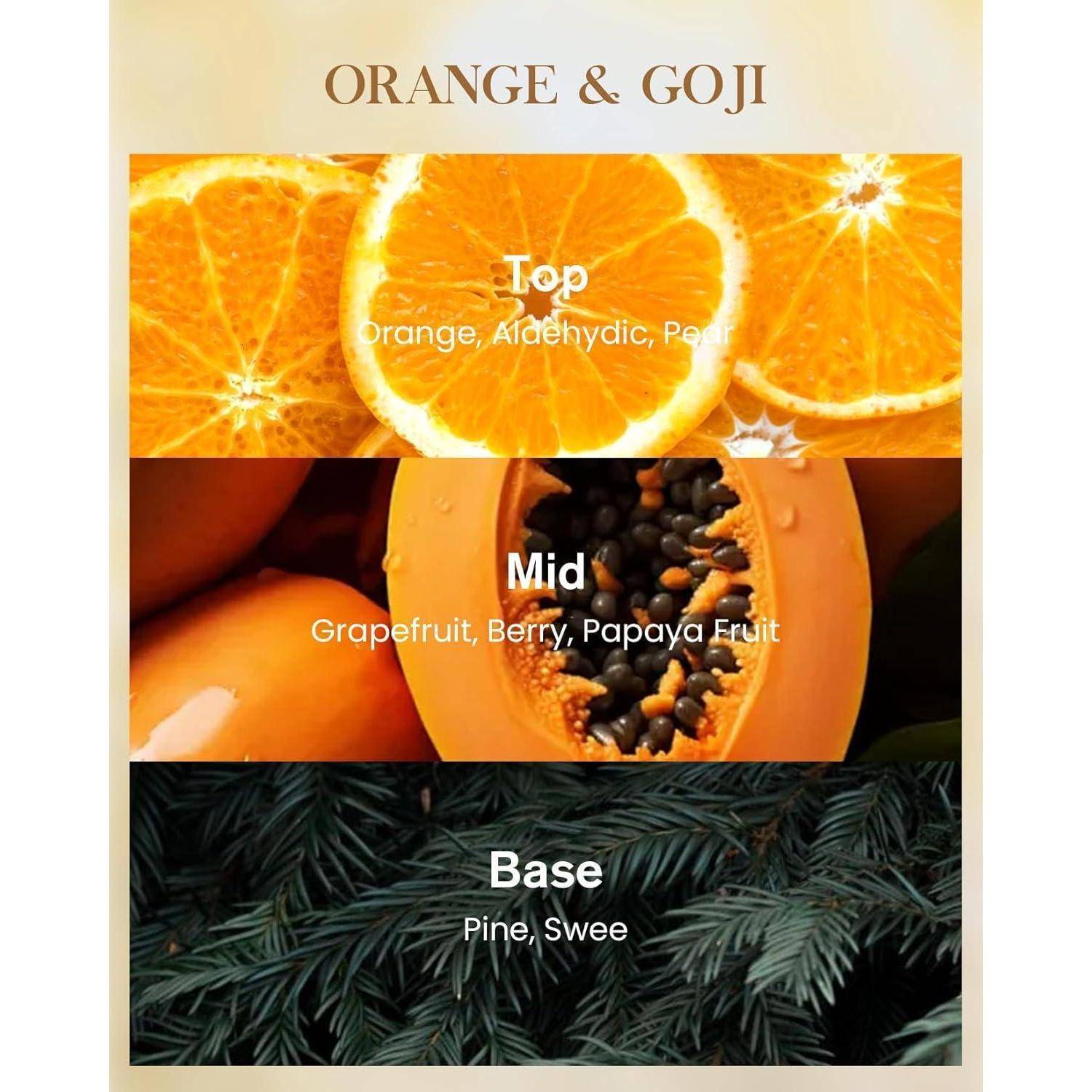 Orange & Goji' Duftnoten: Top mit Orange und Birne, Mitte mit Grapefruit und Papaya, Basis mit Kiefer und süßen Noten.