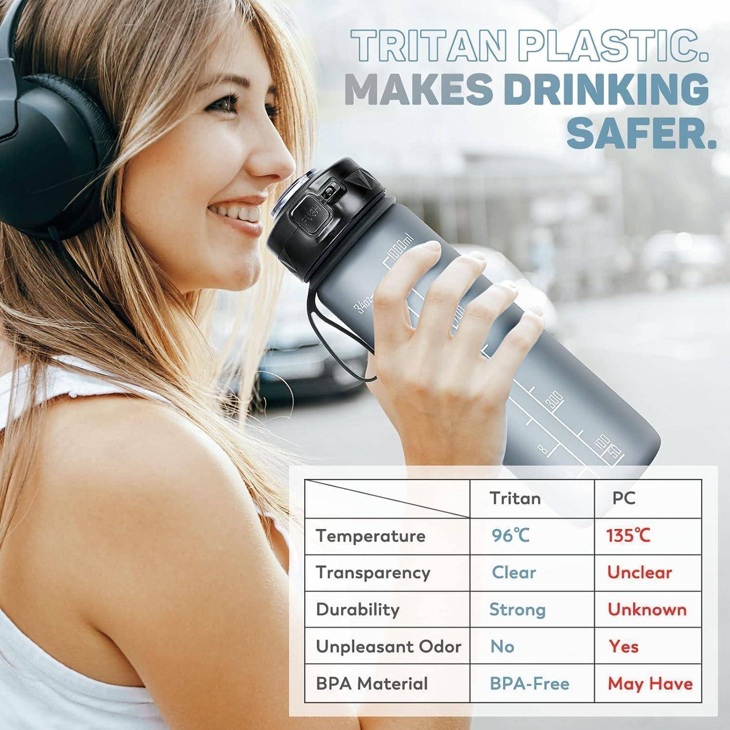 Eine Person in Sportbekleidung hält eine Wasserflasche mit der Aufschrift „Tritan-Kunststoff. Macht Trinken sicherer