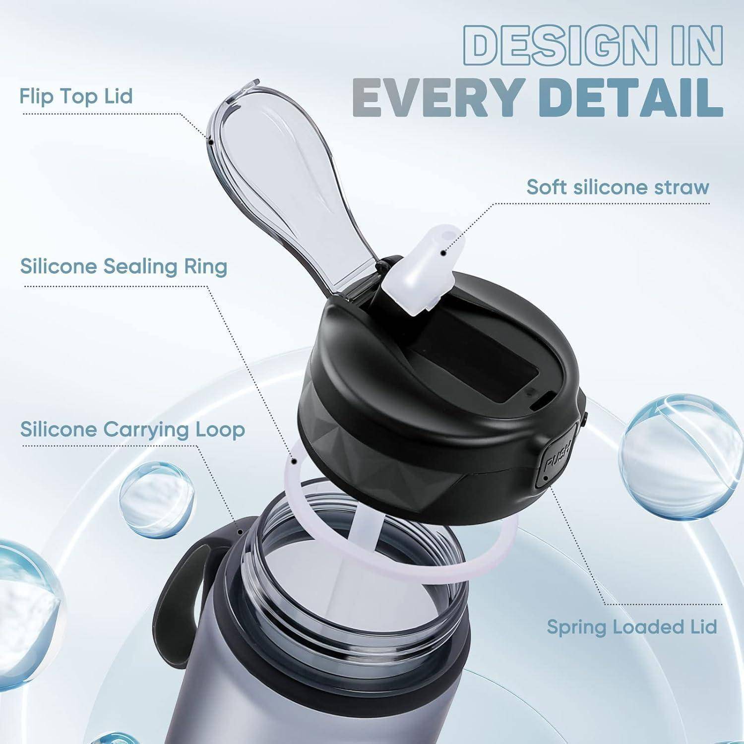 Eine Wasserflasche mit Klappdeckel und weichem Silikonstrohhalm. Zu den Eigenschaften gehören ein Silikon-Dichtungsring, eine Trageschlaufe und ein federbetätigter Deckel.