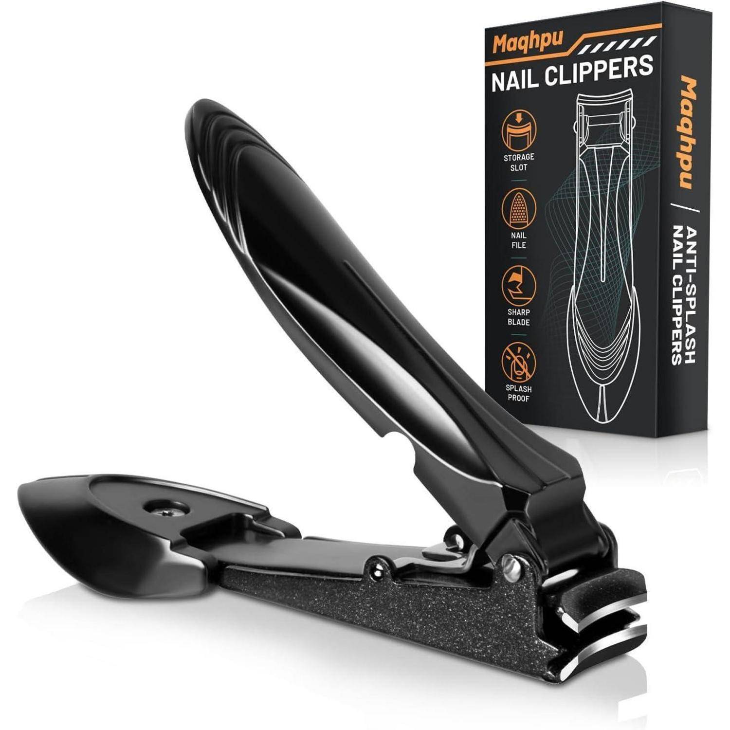 Schwarze Nagelknipser mit ergonomischem Griff, Spritzschutz-Funktion. Verpackung in Kartonbox mit Aufschrift 'Maqhpu Nagelknipser' und Designdetails.