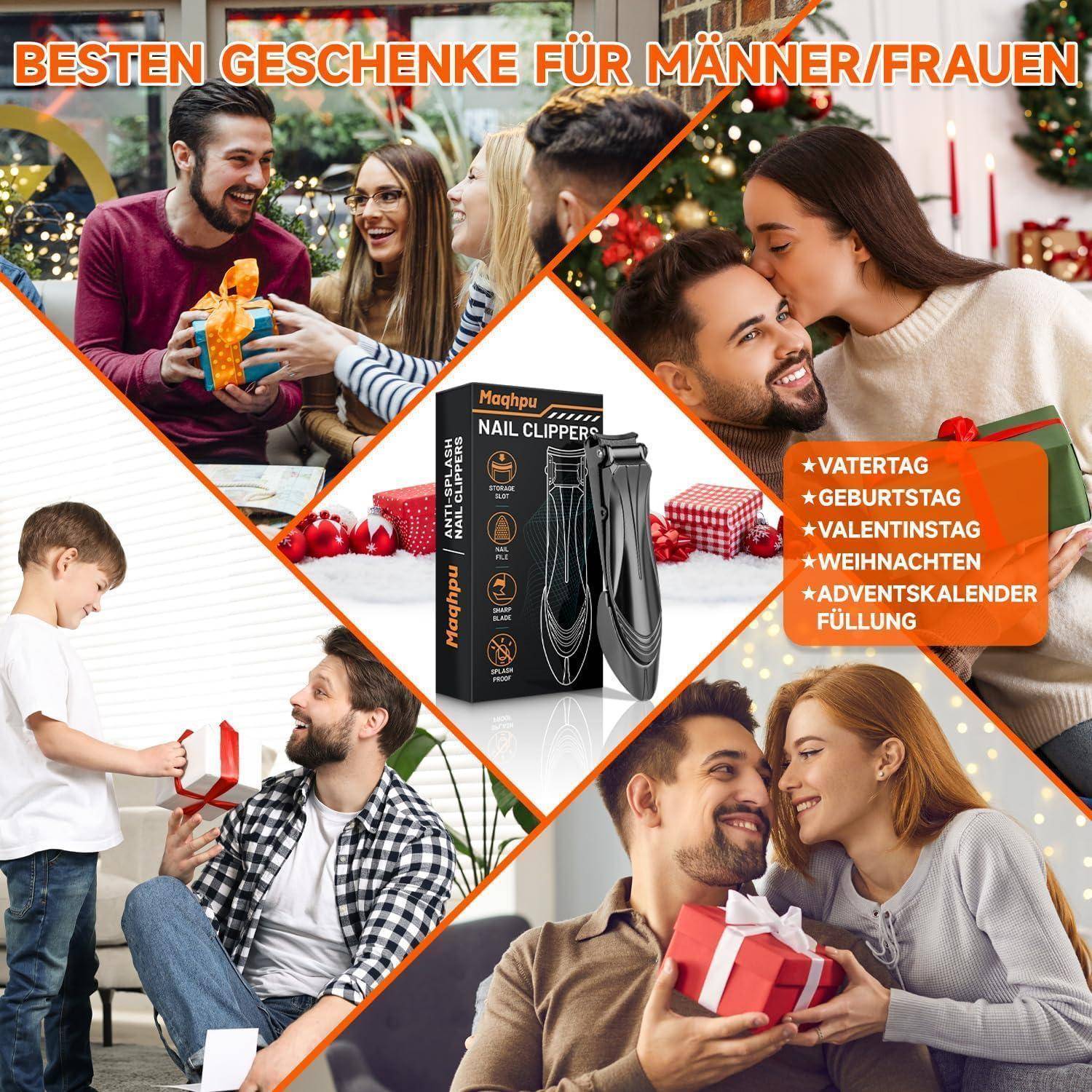 Eine Collage, die Menschen zeigt, die Geschenke in festlichen Umgebungen austauschen, wobei 'BESTE GESCHENKE FÜR MÄNNER/FRAUEN' hervorgehoben wird, mit Nagelscheren als Geschenkidee.